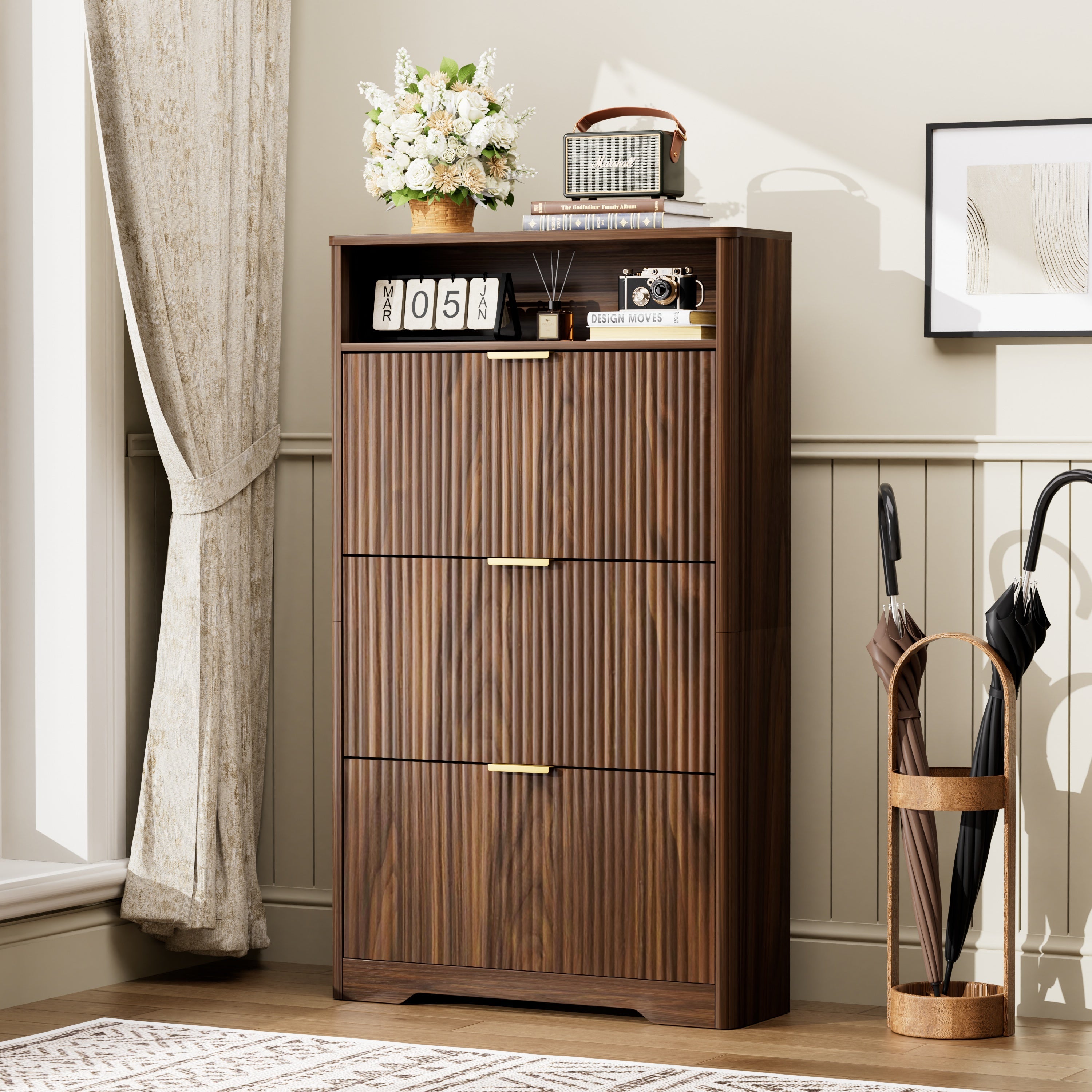 Shoe Cabinet Storage for Entryway Hidden Shoes Storage Cabinet with 3 Flip Drawers, Tall Free Standing Shoe Organizer Rack for Foyer, Hallway. Walnut ,31.6'' L x 9.6'' W x 54.4'' H. Main image