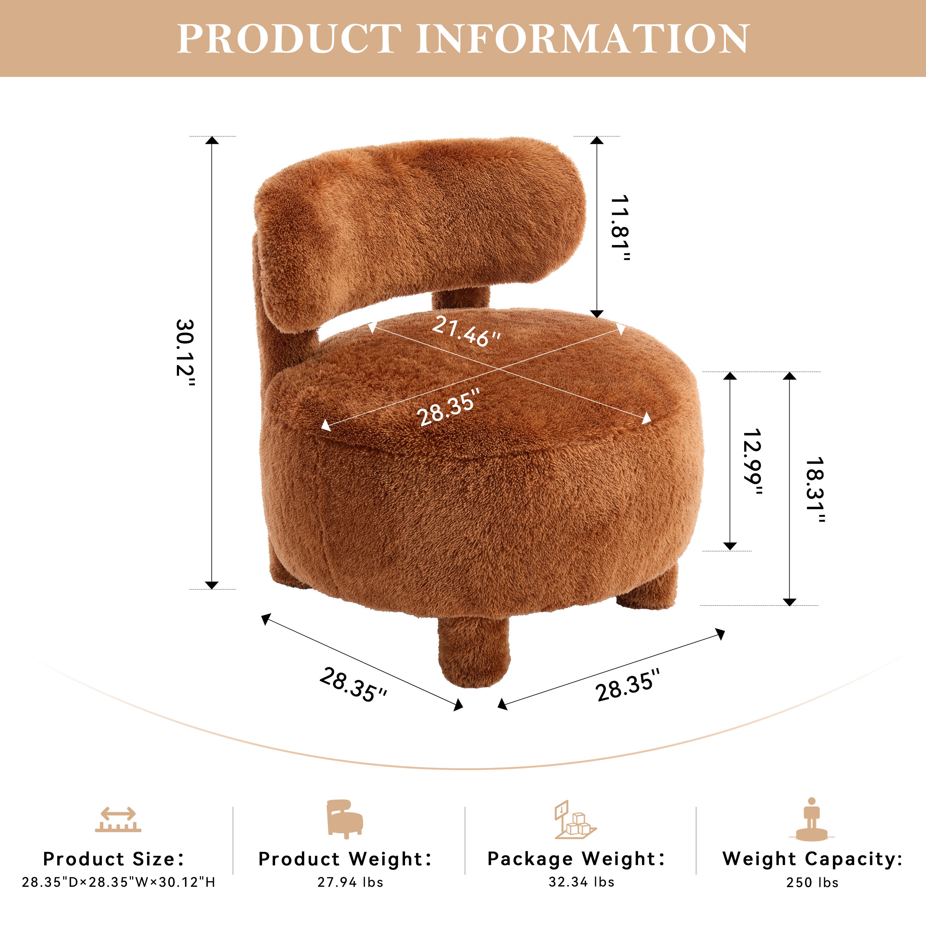063-Fur Fabric armless accent chair with curved backrest and solid wooden legs upholstered chair slipper side chair  for primary living space bedroom vanity room or reading room ,Khaki Secondary image