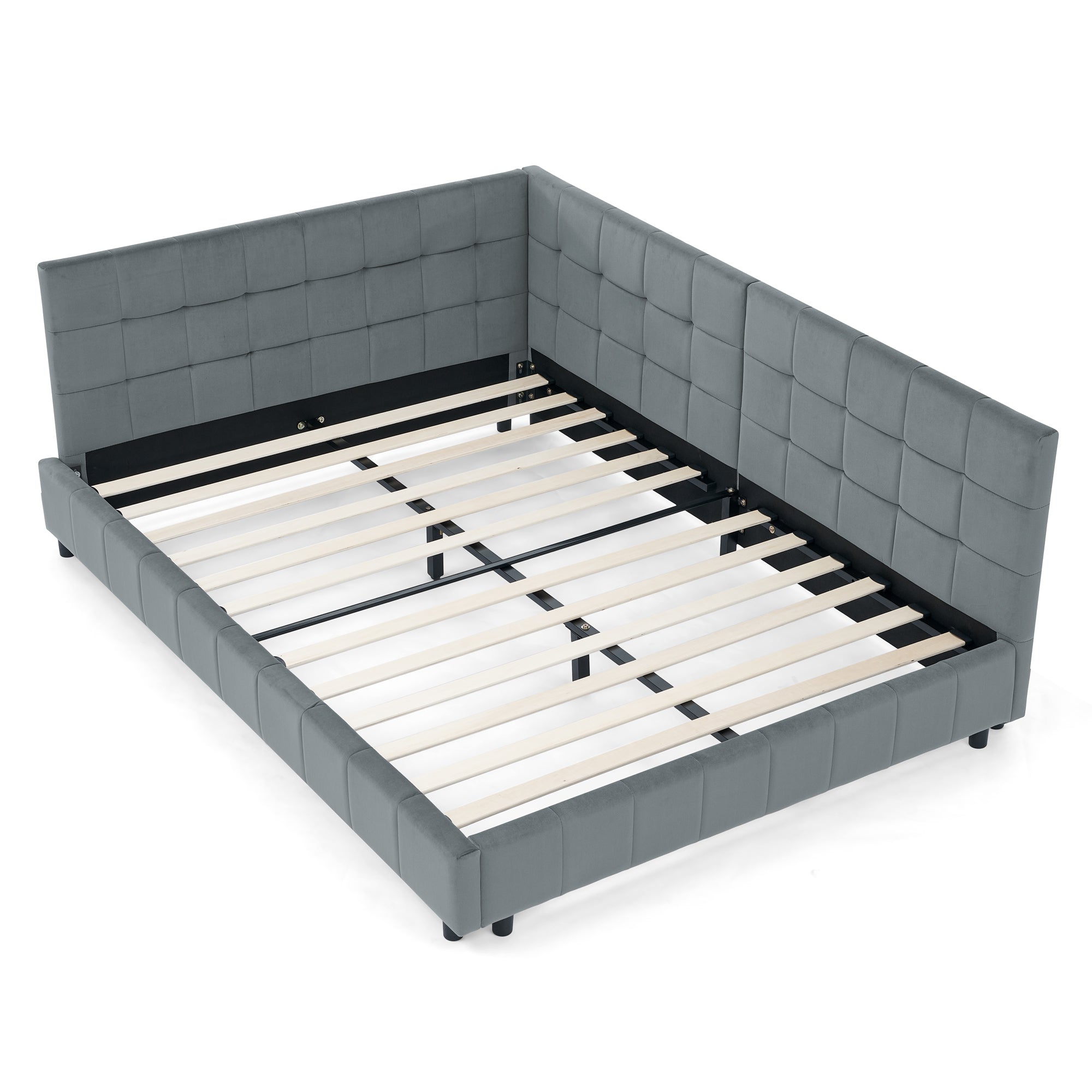 Velvet Grey Full Size Upholstered Tufted Bed Frame with Backrest and Armrests, 80.5''*59''*30.5'' Main image
