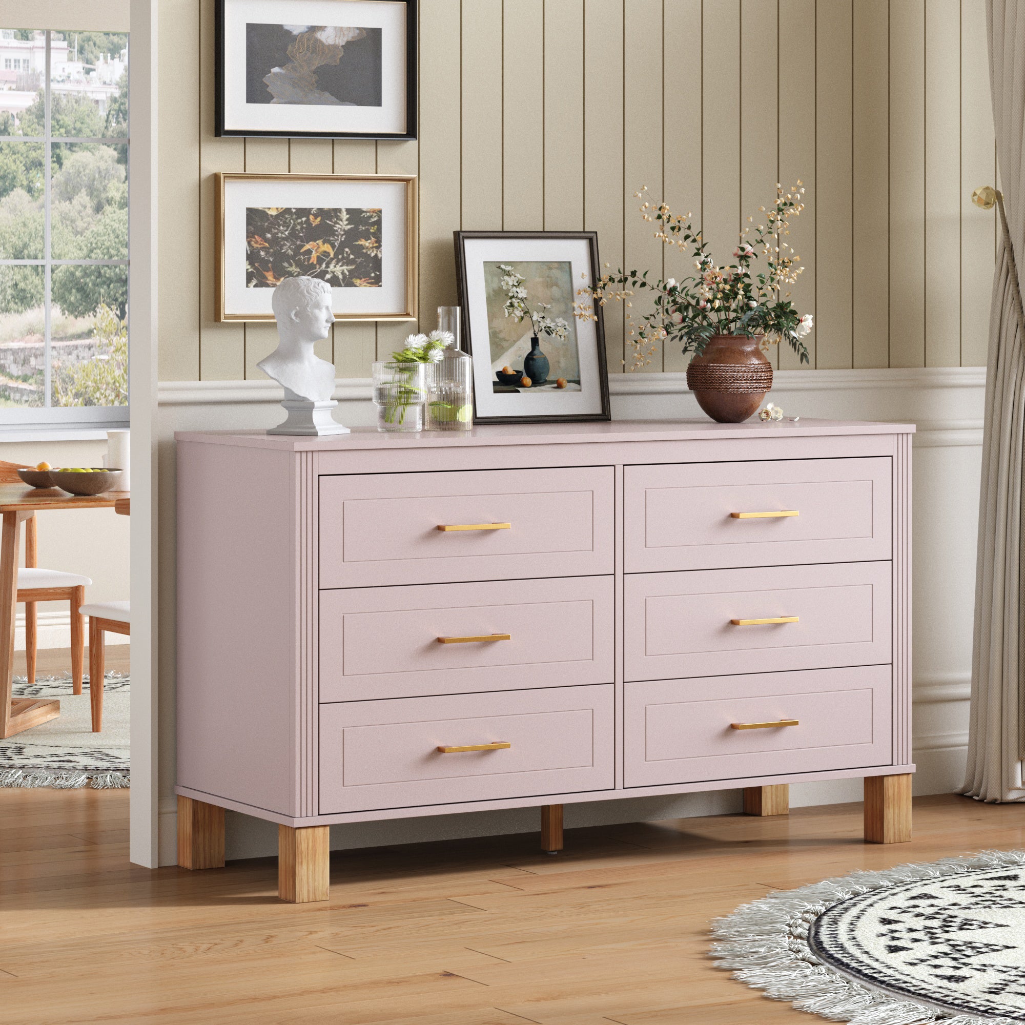 6-Drawer Double Dresser , Modern Storage Cabinet with Metal Handles & Solid Wood Legs, Dresser Drawer Organizer for Kids Bedroom, Heavy-Duty Wooden Dresser with Pre-Installed,Pink Secondary image