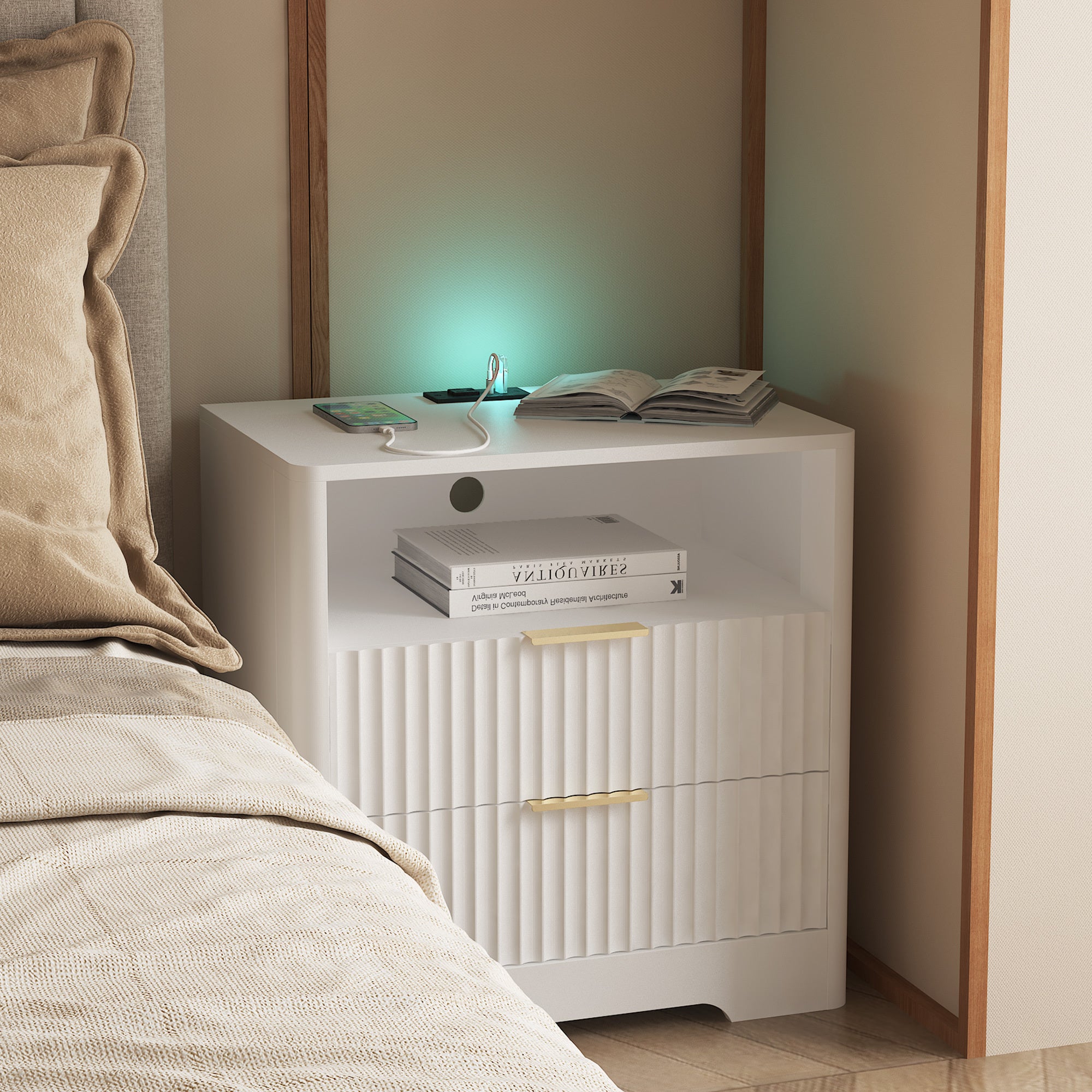 Nightstand with Charging Station, Smart Nightstand with Night Light,Bedside Tables with Storage Cabinet for Bedroom Secondary image