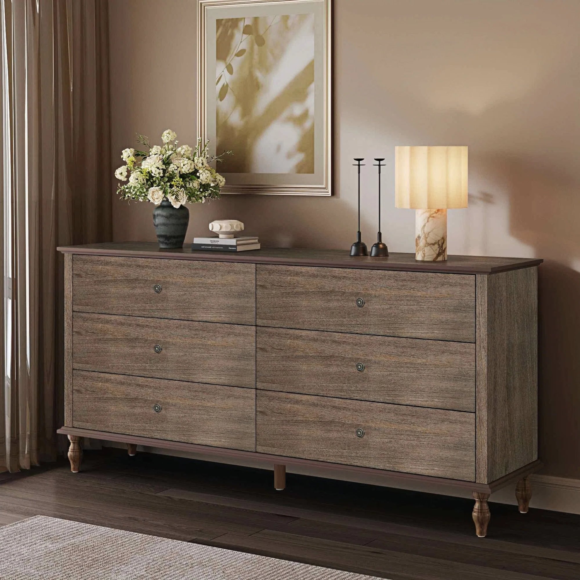 6-Drawer Double Wide Wood Dresser for Bedroom, Deep Brown Burnt Wood Finish Storage Chest with Self-Closing Slides, Metal Copper Handles, Solid Wood Roman Column Legs, Anti-Tip Kit Included Main image