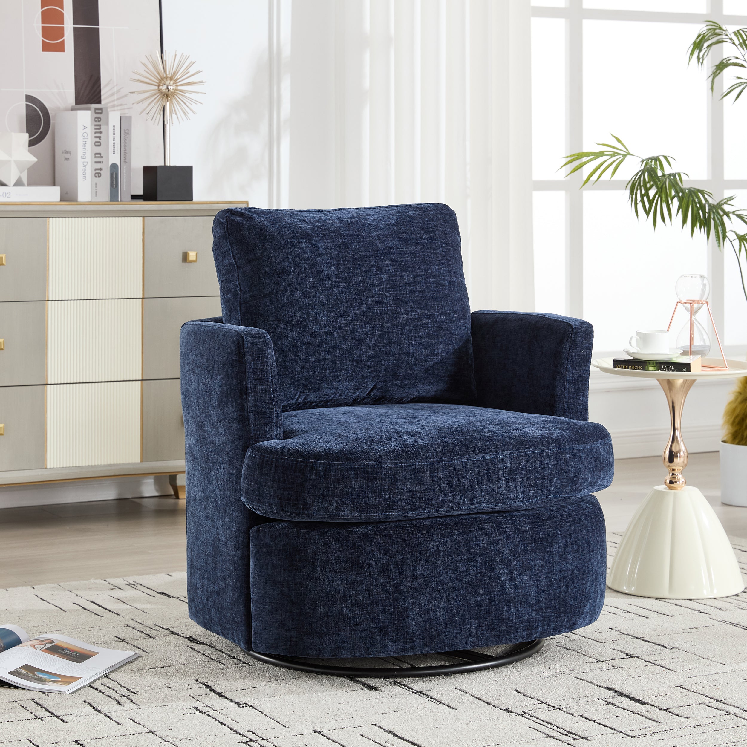 Vanity Chair,Swivel Accent Chair, 360 Degree Round Swivel Barrel Chair, Upholstered Comfy Swivel Chairs for Living Room,Accent Chairs for Bedroom, Reading Room,Powder Room,(Velvet, Blue)