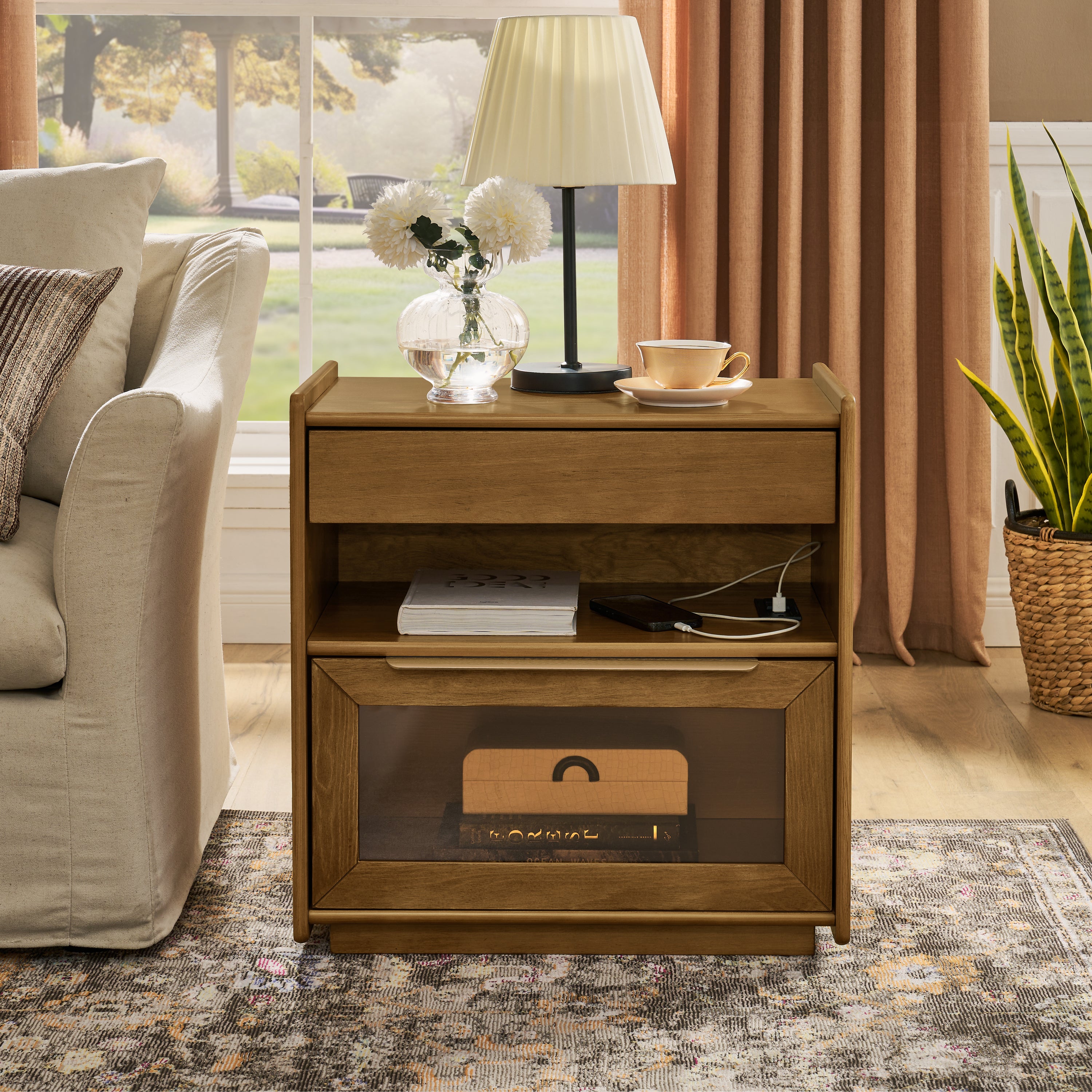 Mid Century Modern Nightstand with Charging Station & Outlet Hole & 2 Drawers, Farmhouse End Table with Open Shelf & Glass Drawer Dresser, Side Cabinet for Living Room Reception Room Dorm-Light Walnut Main image