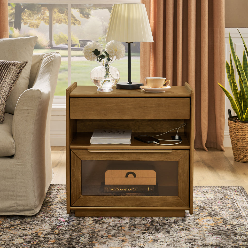 Mid Century Modern Nightstand with Charging Station & Outlet Hole & 2 Drawers, Farmhouse End Table with Open Shelf & Glass Drawer Dresser, Side Cabinet for Living Room Reception Room Dorm-Light Walnut