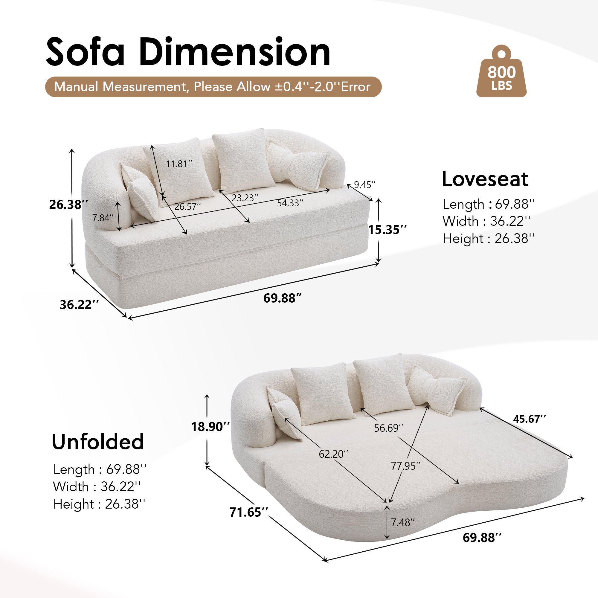 2-in-1 Foldable Sofa Bed,70 Inch Folding Boneless Couch Convertible Compressed Sleeper Sofabed, 4 Pillows for Living Room Apartment, Milk White Secondary image