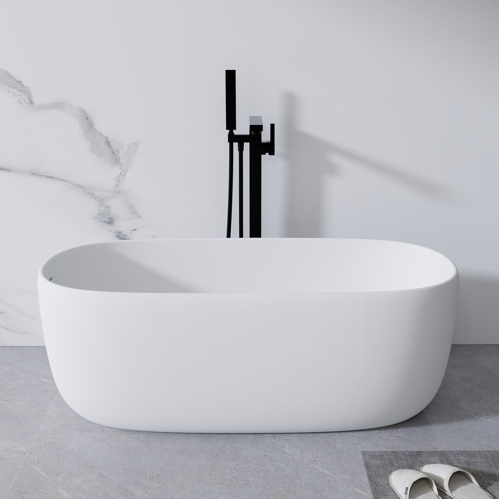 51'' Freestanding Bathtub Resin Stone Soaking Bathtub Solid Surface Modern Tubs with Overflow and Pop-up Drain in White Main image