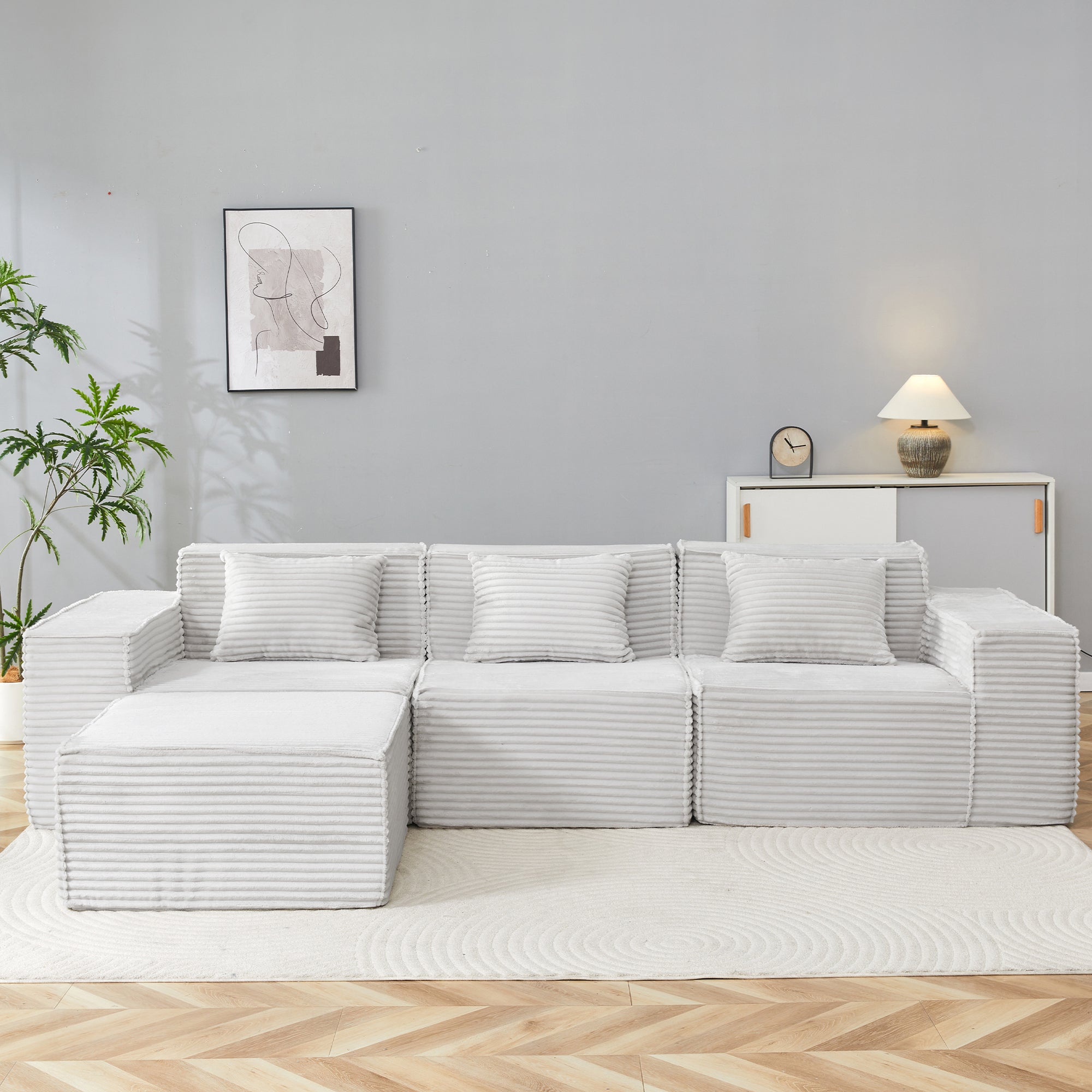 L-Shaped Modular Sectional Sofa, 3-Seater with Ottoman, Striped Corduroy Fabric, High-Density Foam For Home, Apartment, Office (Light Gray) Secondary image