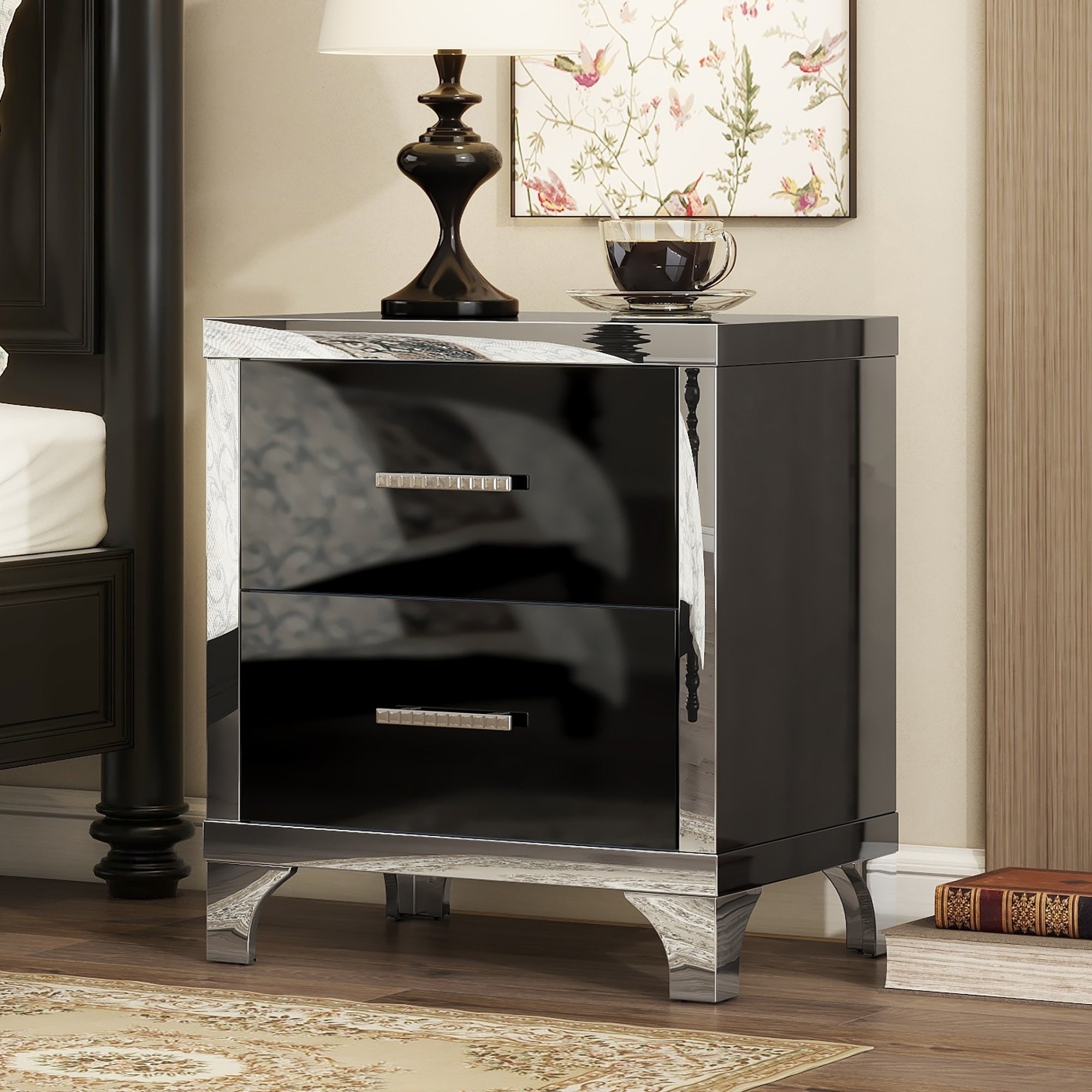 Elegant High Gloss Nightstand with Metal Handle,Mirrored Bedside Table with 2 Drawers for Bedroom,Living Room,Black Main image