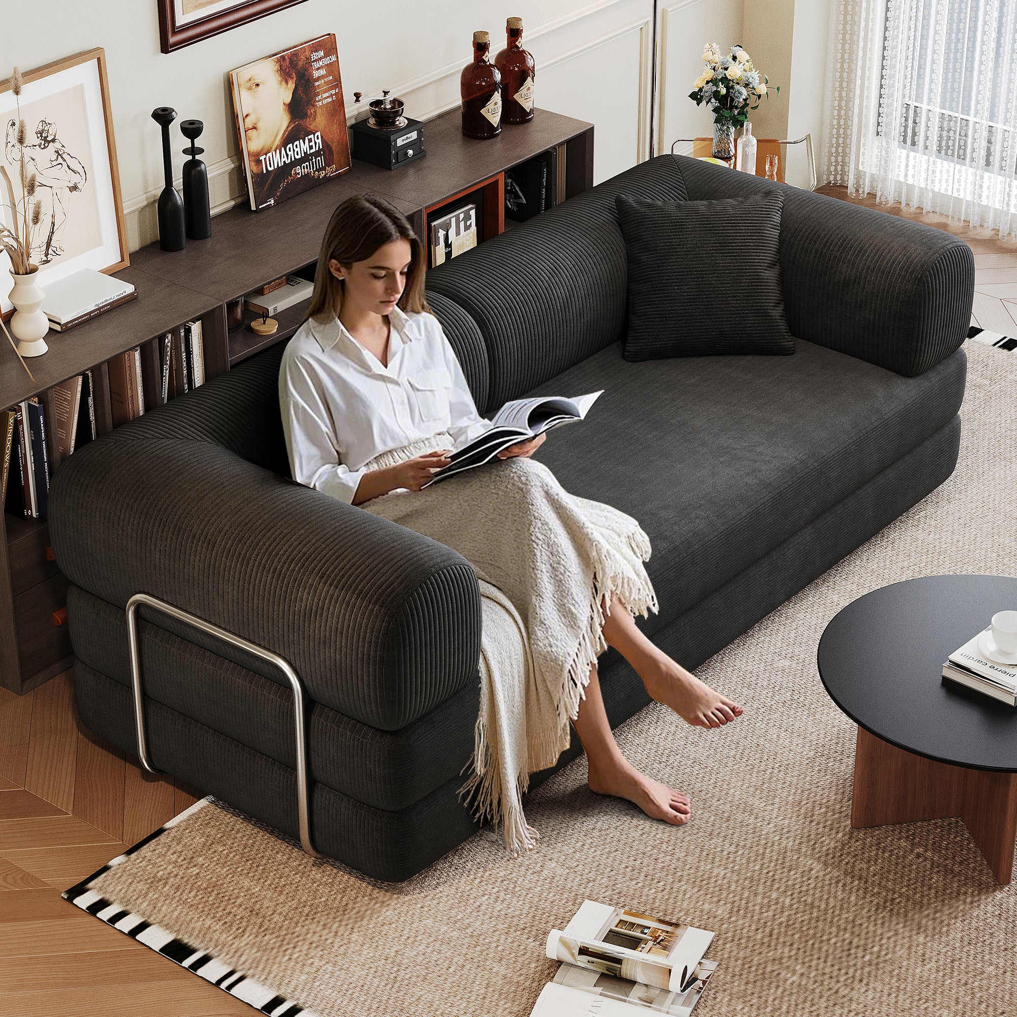 78.8' Compression Sofa,Convertible Floor Sofa Bed-with Pillow Back Support Armrest,Comfy Futon Couch Sleeper Bed,Loveseats Boneless Modular Sectional Sofa,Corduroy fabric,for Living Room,Bedroom,Black Main image