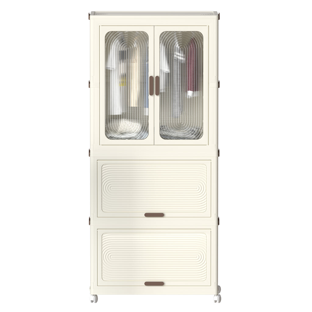 Portable Wardrobe Closet Storage Organizer with Magnetic Doors and Hanging Rod, Cream White