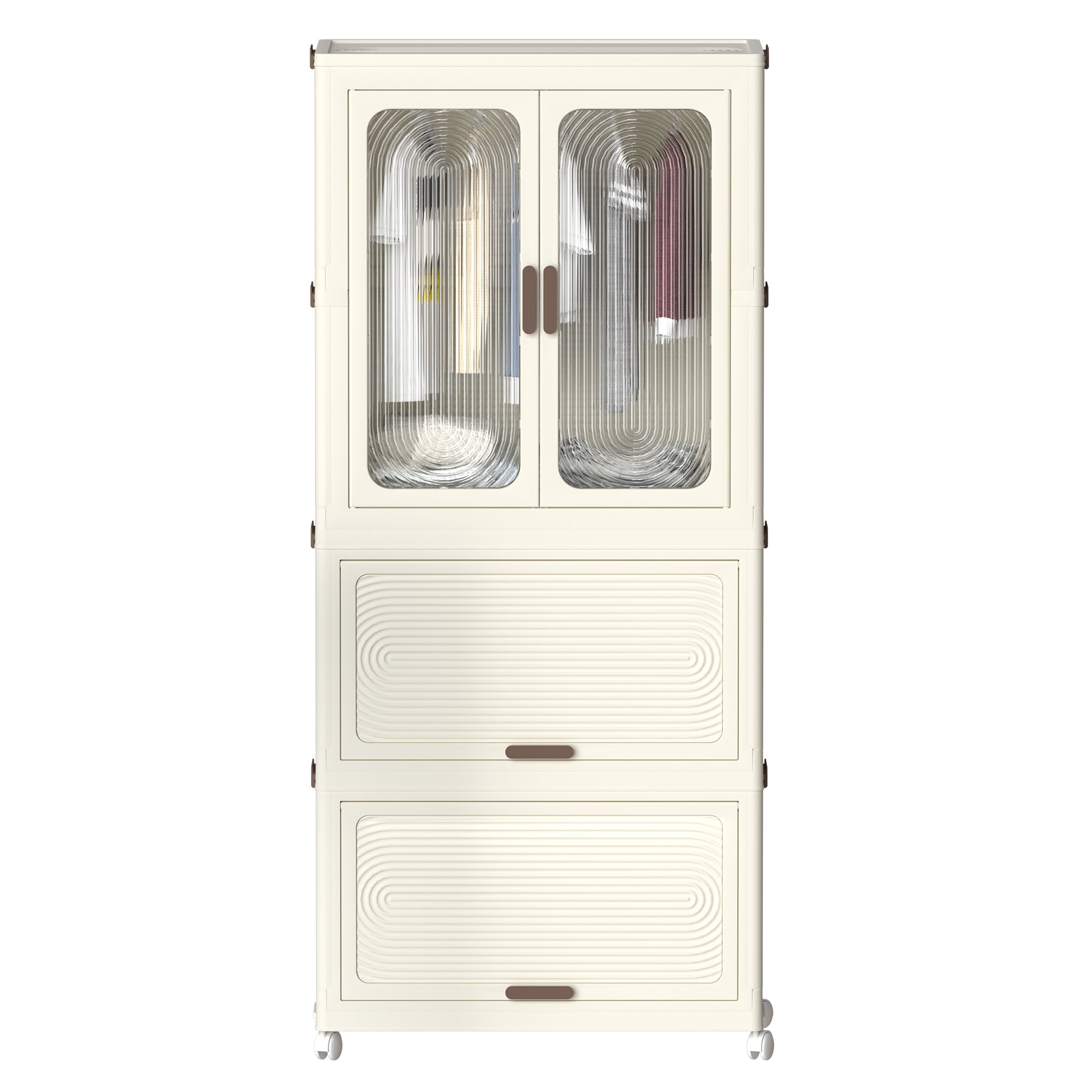 Portable Wardrobe Closet Storage Organizer with Magnetic Doors and Hanging Rod, Cream White