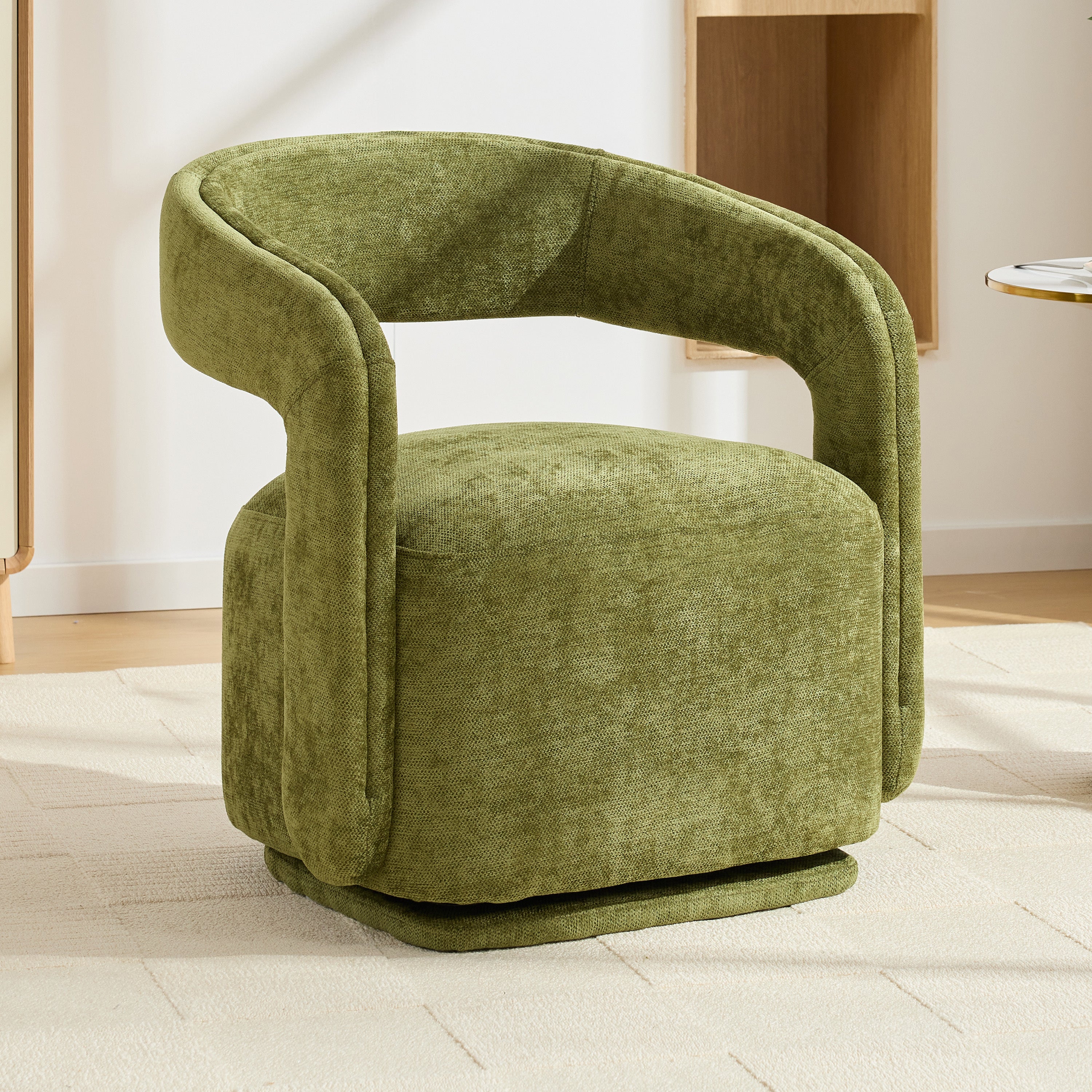 065-Chenille Fabric Swivel Accent Armchair, Comfy Barrel Leisure Chair With Curved Backrest, Upholstered Reading Chair With Black Swivel Base, 22-inch large seat depth and width, Green Main image