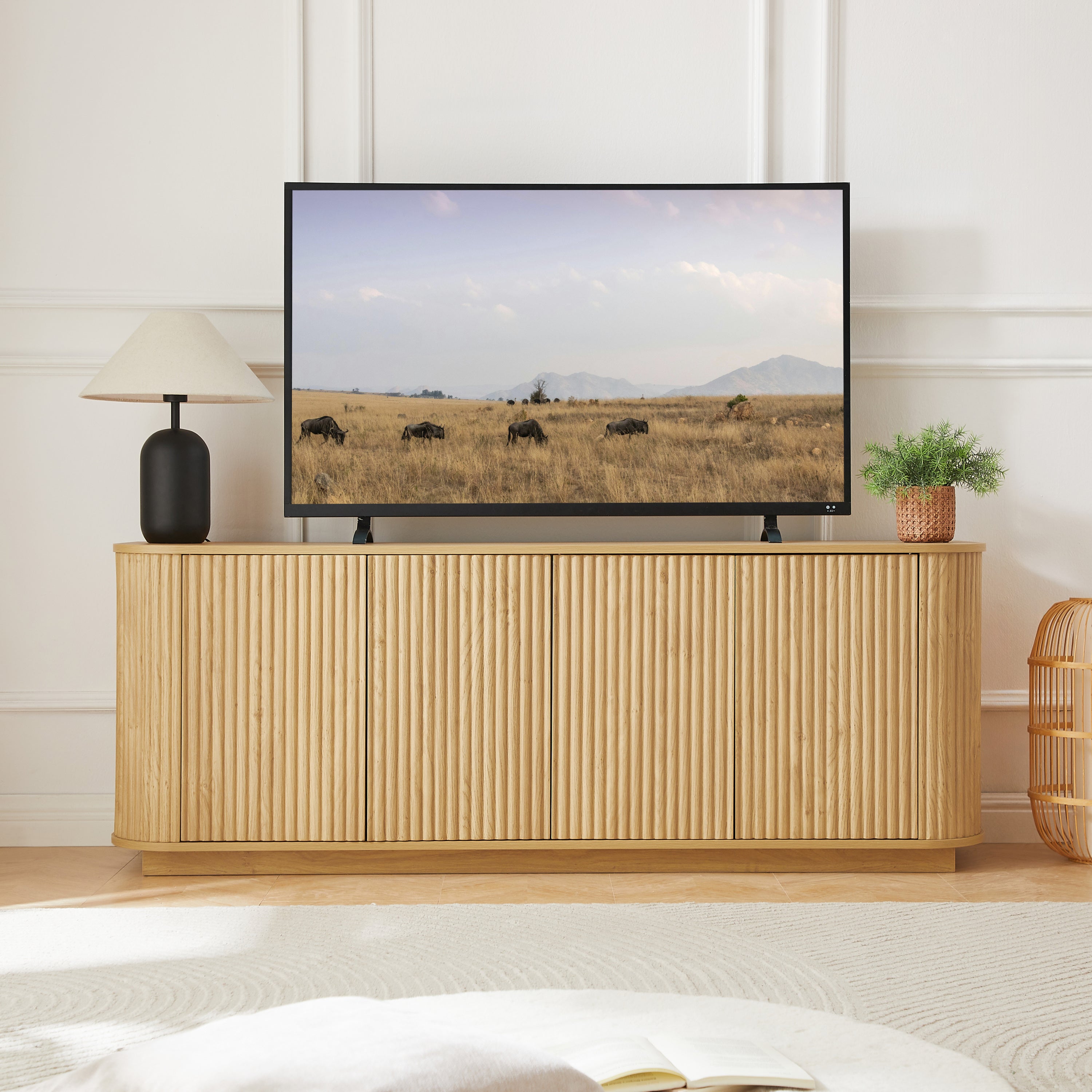 Sideboard Storage Cabinet TV Stand with wave pattern Buffet Cabinet Wooden Vertical Striped Cabinet for Kitchen/Bedroom/Entryway. Natural, 64''W x 15''D x 24''H. Secondary image