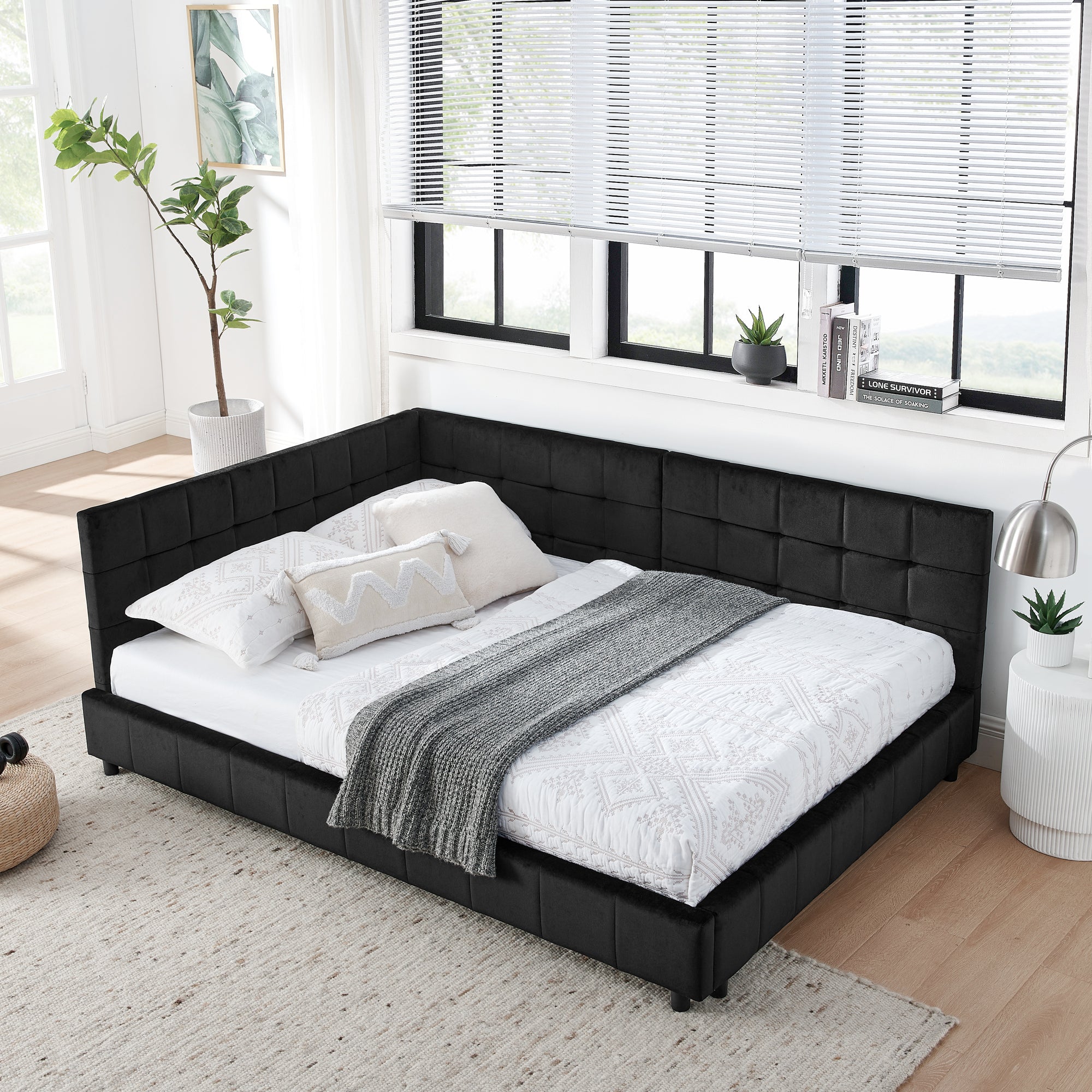 Mid-Century Full Size Upholstered Tufted Bed Frame with Comfortable Backrest and Armrests, Velvet, Black Secondary image