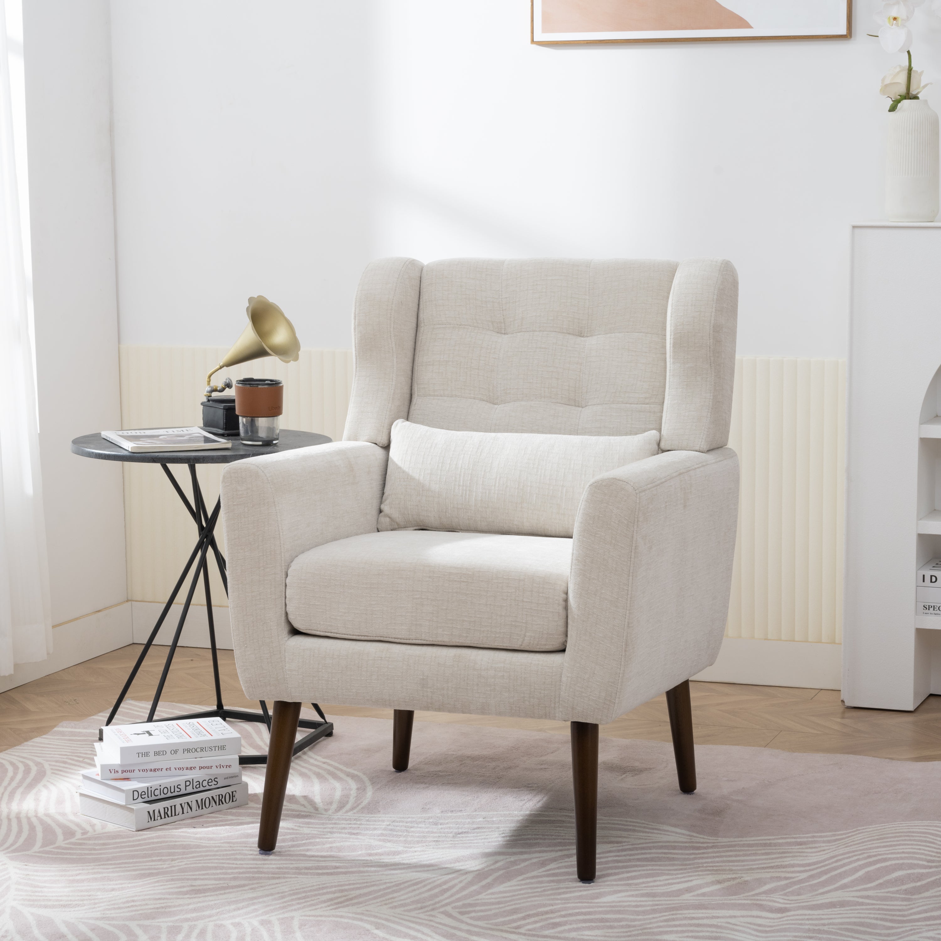 Modern Accent Chair Upholstered Foam Filled Living Room Chairs Comfy Reading Chair Mid Century Modern Chair with Chenille Fabric Lounge Arm Chairs Armchair for Living Room Bedroom (Beige) Main image