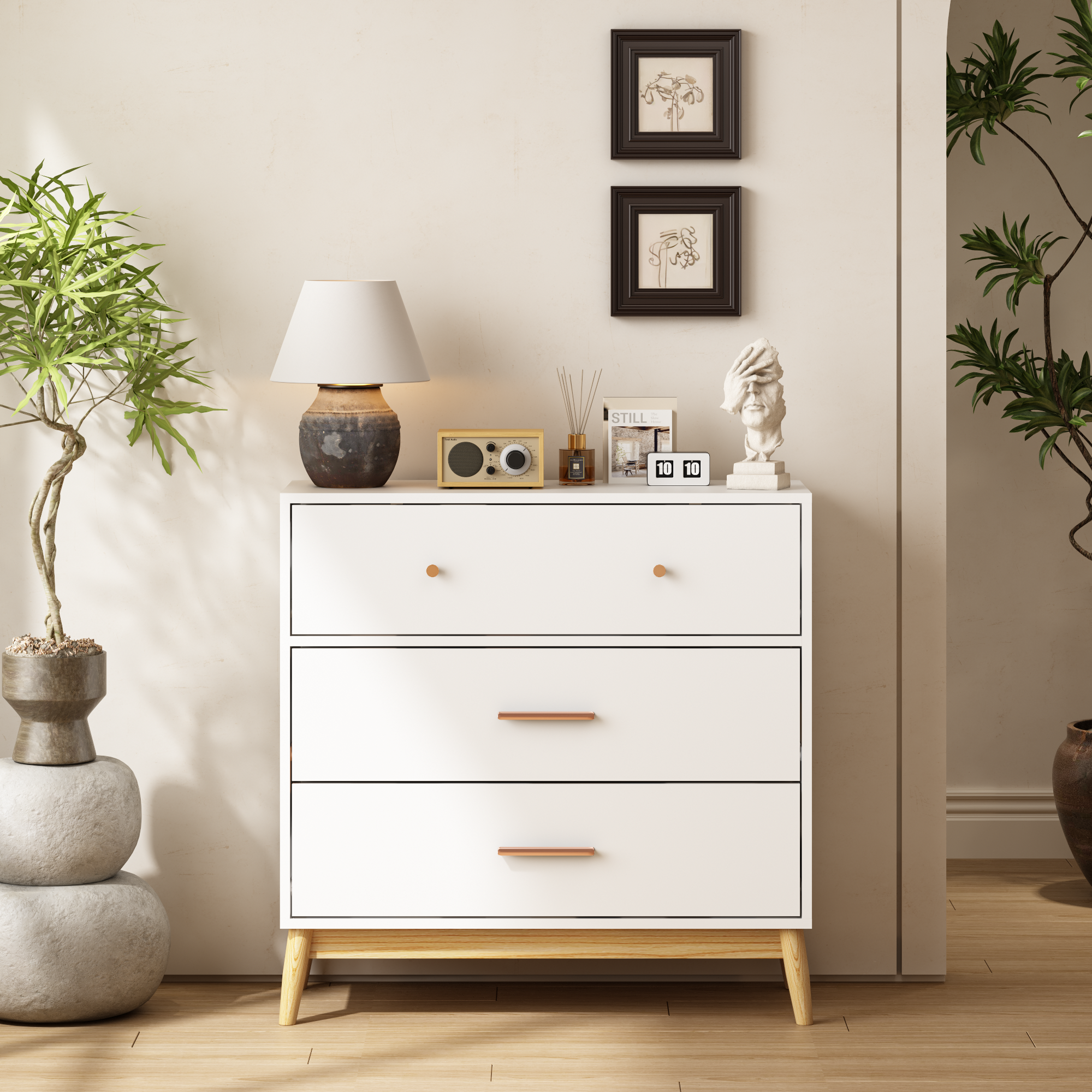 Nordic Style 3-Drawer Storage Cabinet, Modern White Chest of Drawers with Rose Gold Handles & Solid Wood Base, Small Space Organizer for Office, Kids Room, Nursery