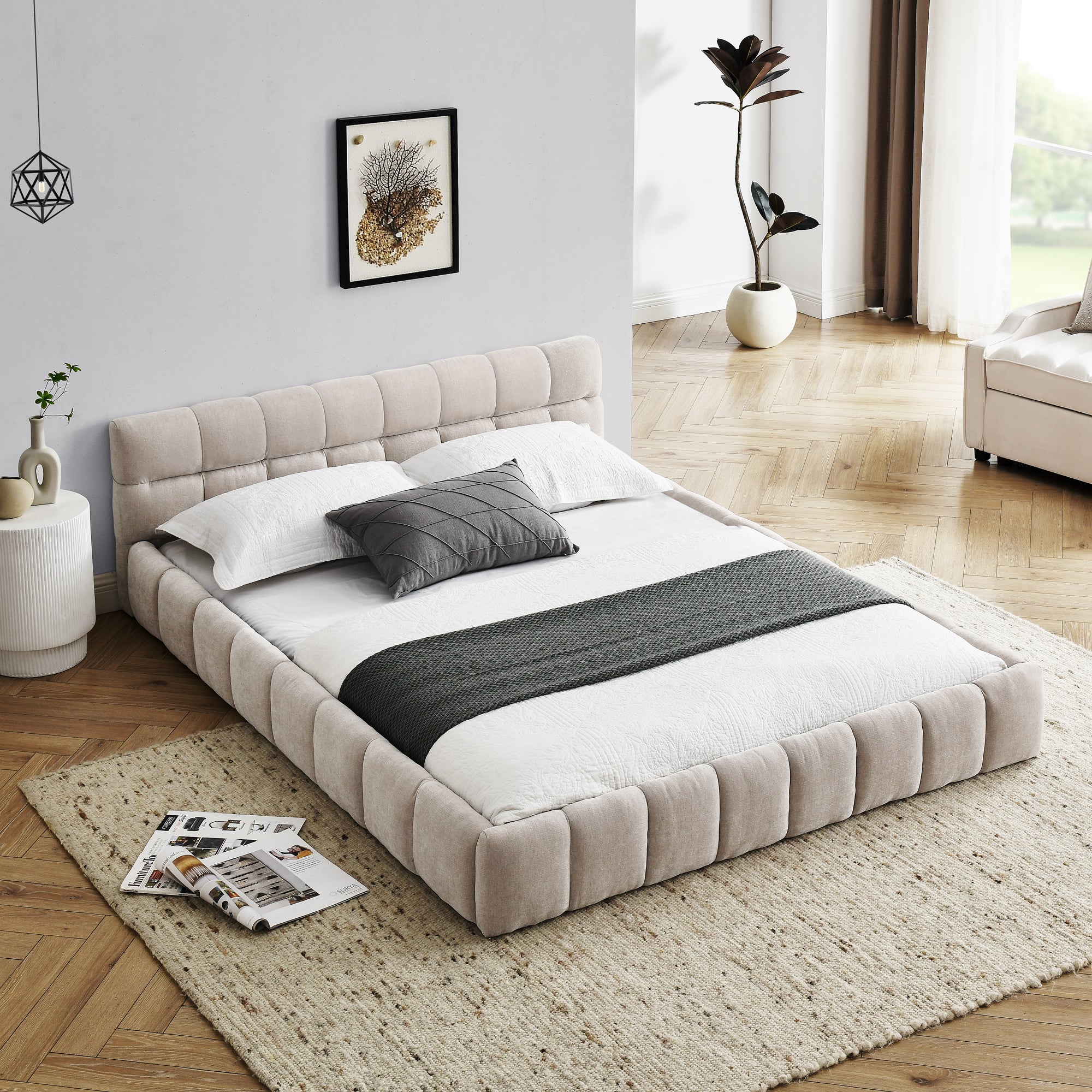 Modern Queen Size Upholstered Bed Frame with Headboard, Thick Chenille Fabric, Beige Secondary image