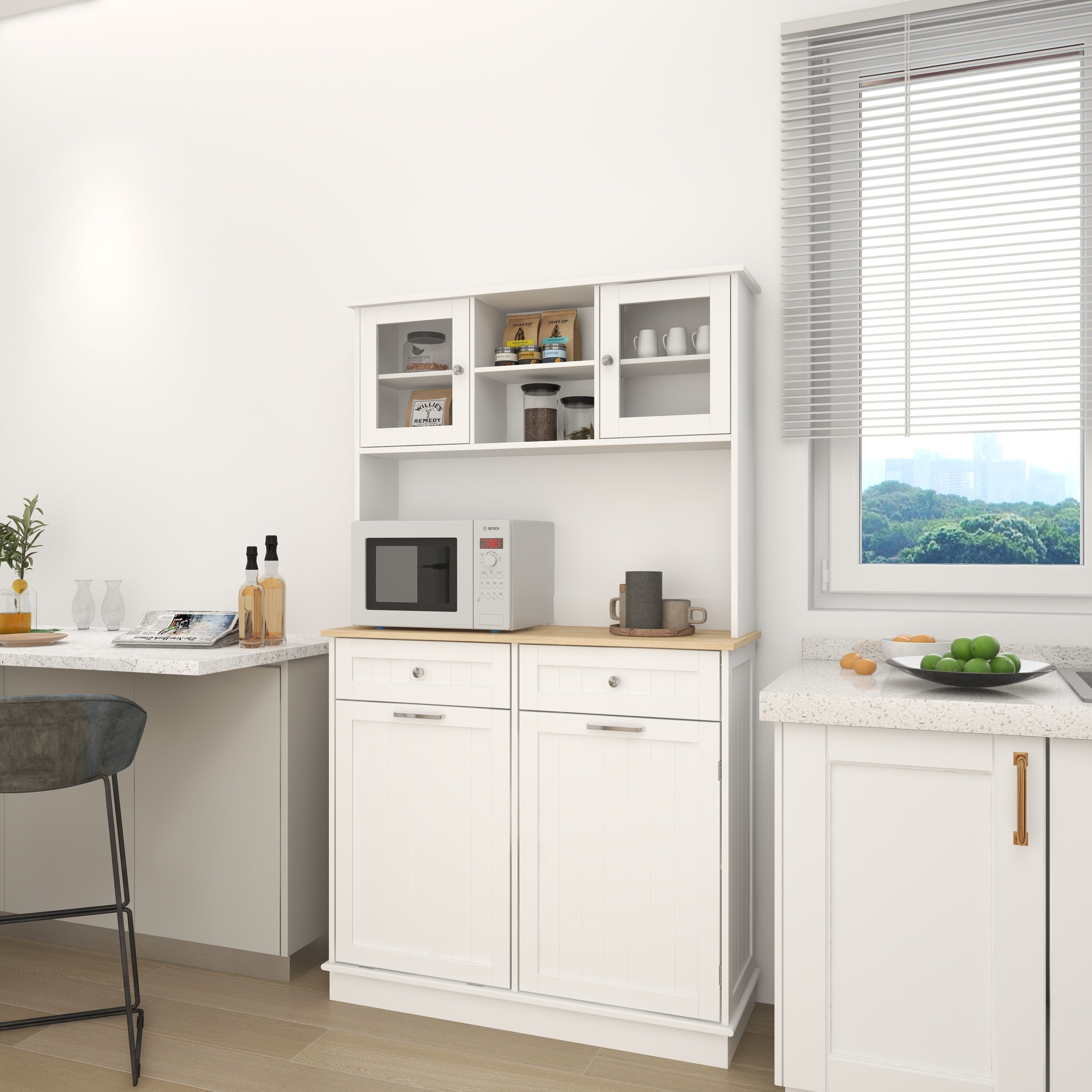 67.7' Tall Kitchen Trash Can Storage Cabinet with 3 Adjustable Shelves, 2 Drawers and 1 Tilt Out Trash Cabinet for Kitchen, Dinning Room, Living Room-White Main image