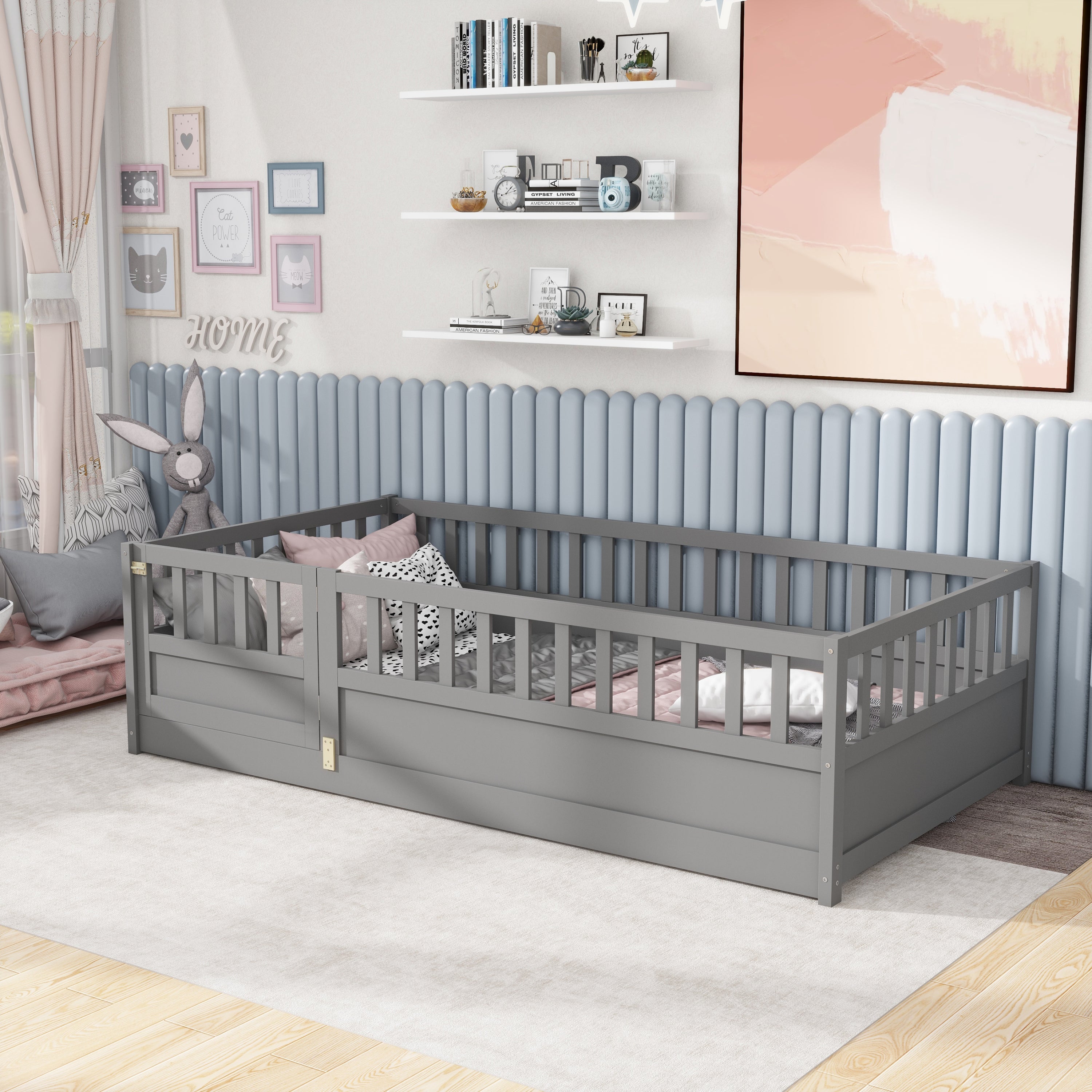 Twin Size Floor bed, integral construction with super high security barrier, door, children's floor bed frame, Montessori wooden children's floor bed,  Grey(Patented model) Secondary image