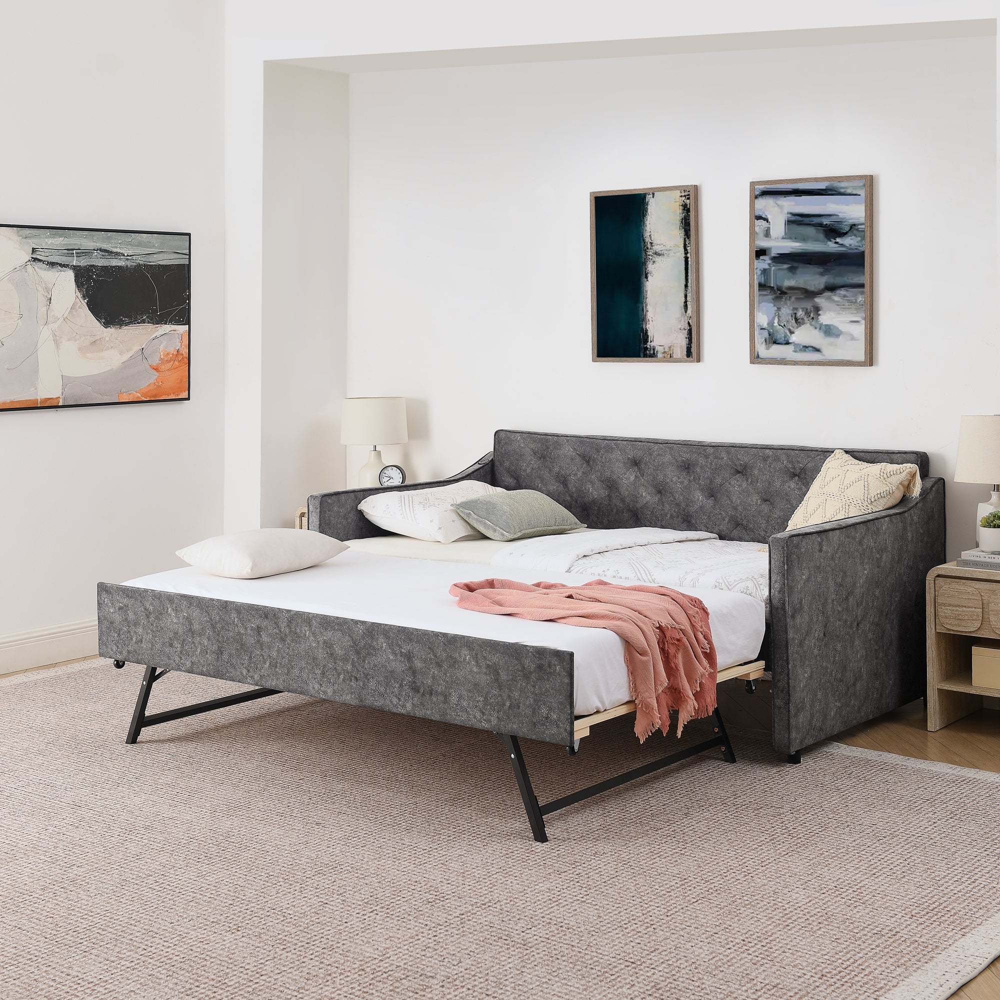 Grey Velvet Mid-Century Style Twin Upholstered Daybed with Pop-Up Trundle and USB Charging Armrest Secondary image