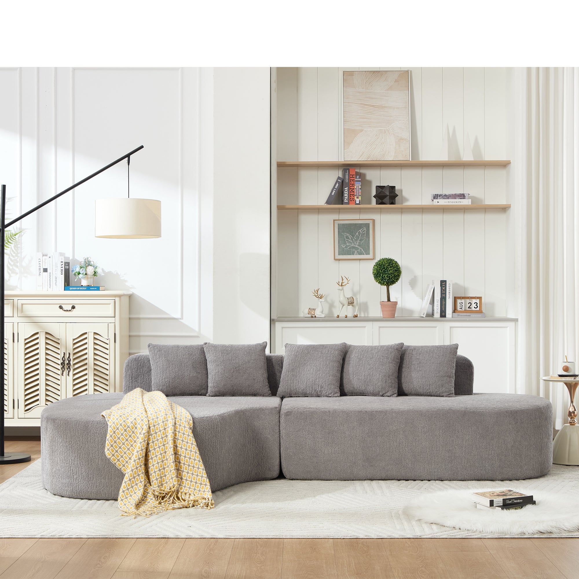 110.2' * 62'  Boneless Couches for Living Room, Sectional Curved Sofa with5 Pillows, L-Shape Boneless Couch with Deep Seat, High-Density Memory Foam, No Assembly Required,  (LIGHT GREY) Main image