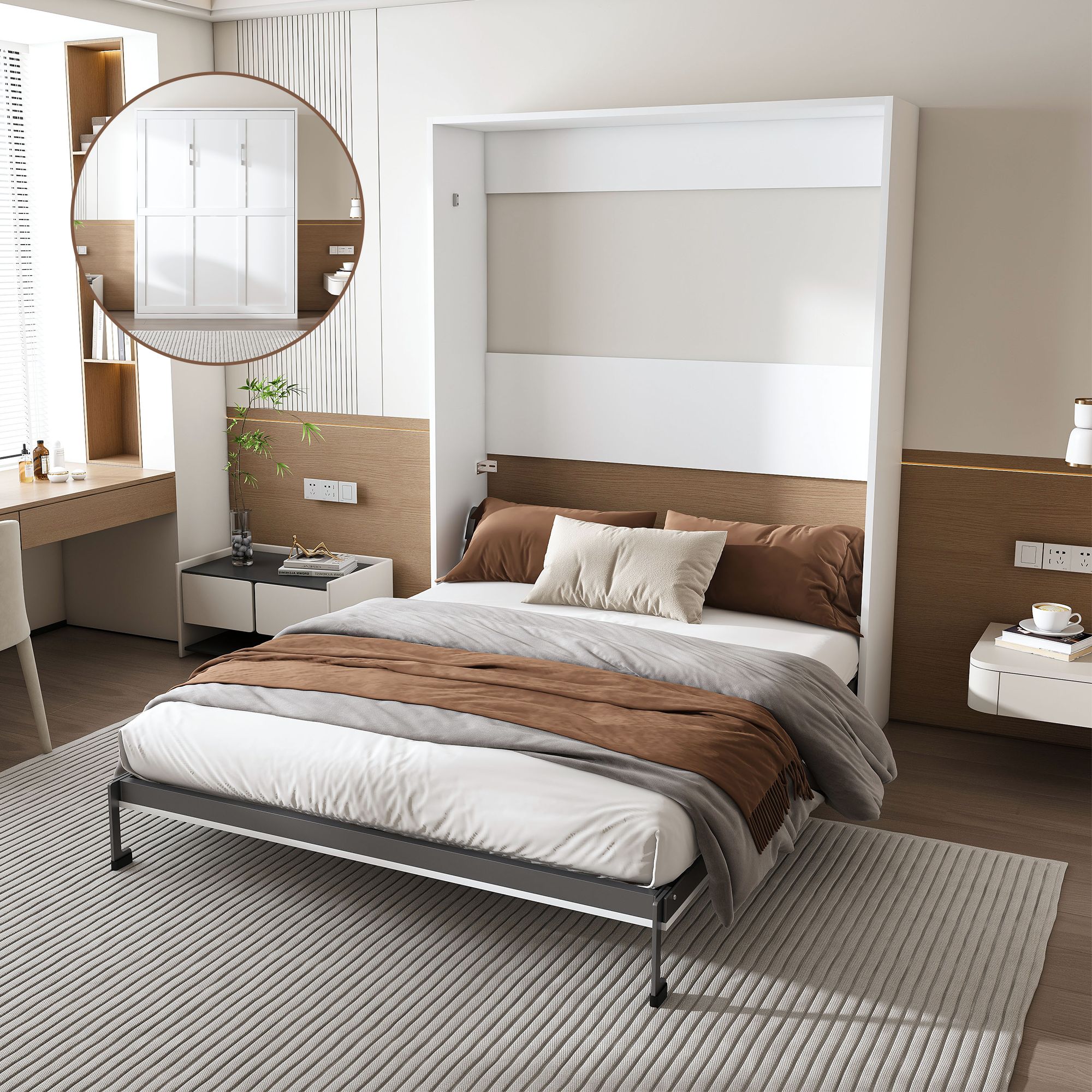 Queen Murphy Bed, 65-inch Foldable Wall Bed with Metal Frame and Solid Wood Slats, White Finish, Space-Saving Design for Bedrooms and Guest Rooms Secondary image
