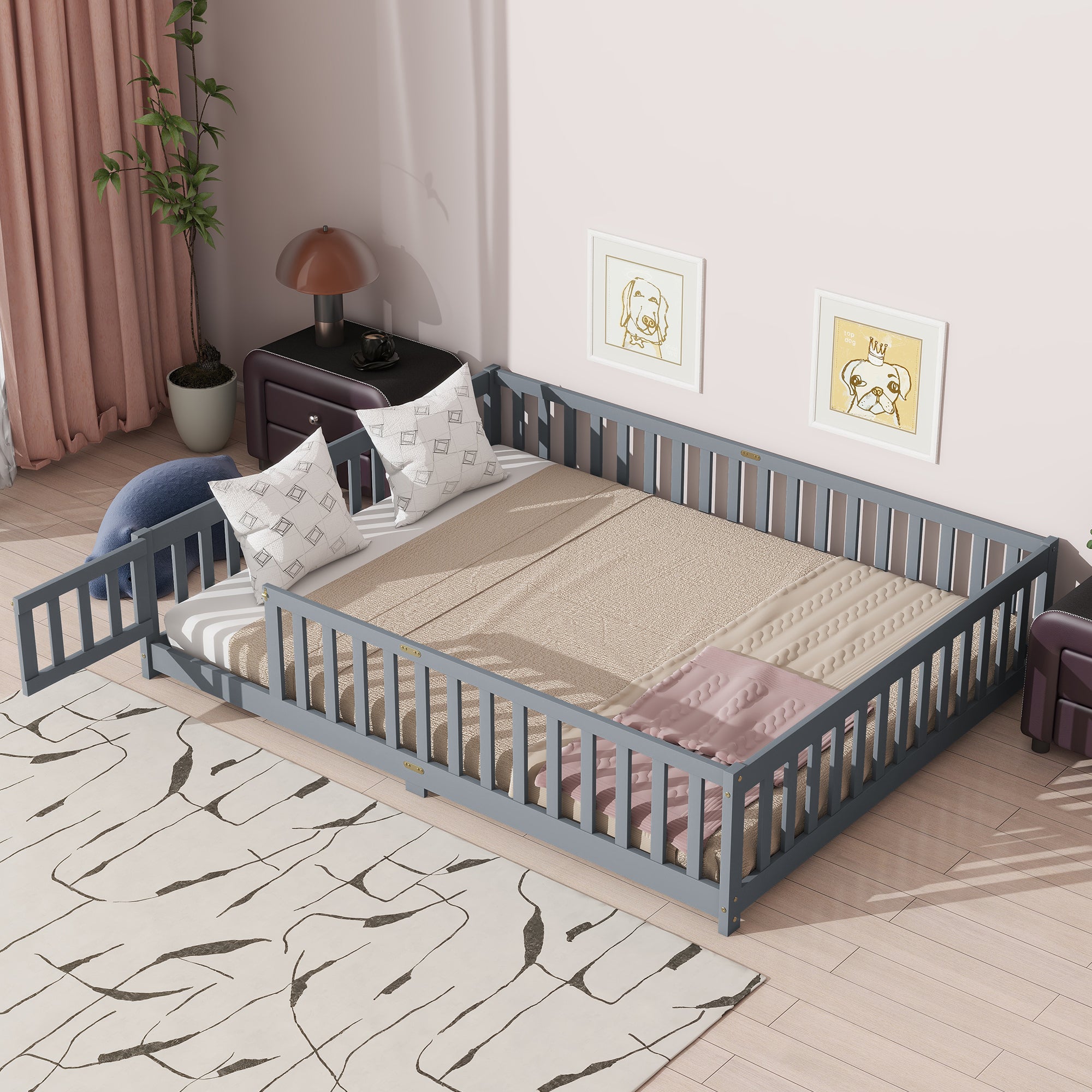 Queen Size Floor Bed with Fence,Door,Rubber Wood Floor Bed with Safety Guardrails,Grey Main image