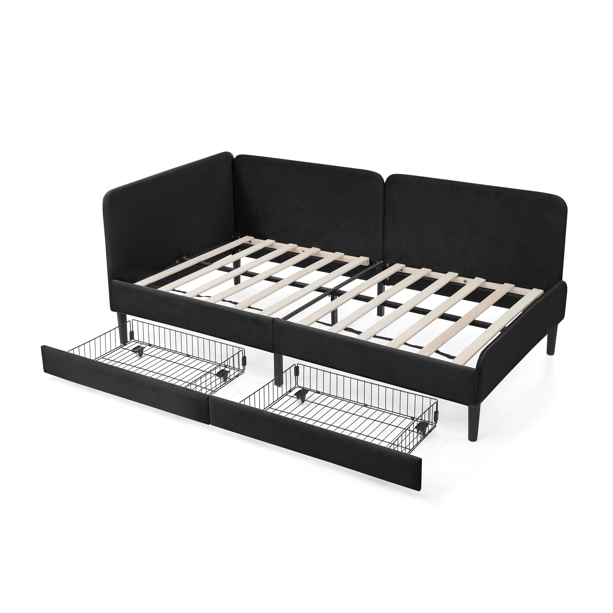 Black Velvet Twin Upholstered Platform Bed Frame with 2 Storage Drawers and Adjustable Sofa Bed Main image