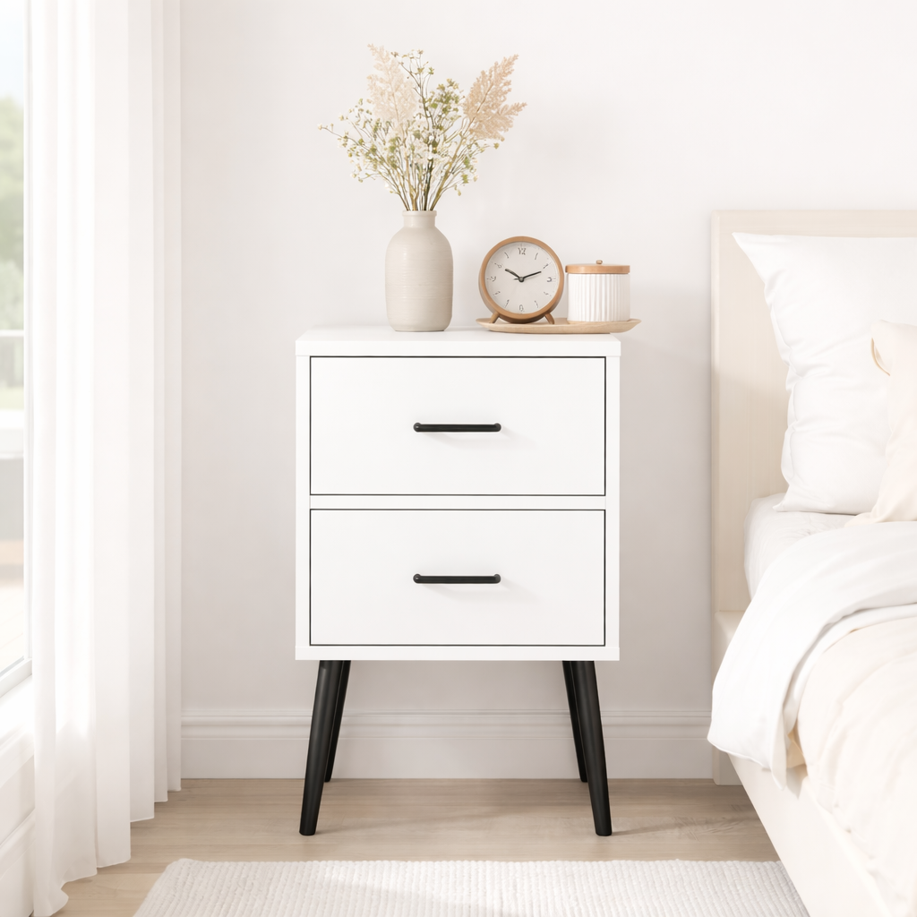 2-Drawer Nightstand with Metal Legs and Metal Handles, Modern White Bedside Table, Small End Table for Bedroom, Living Room or Apartment