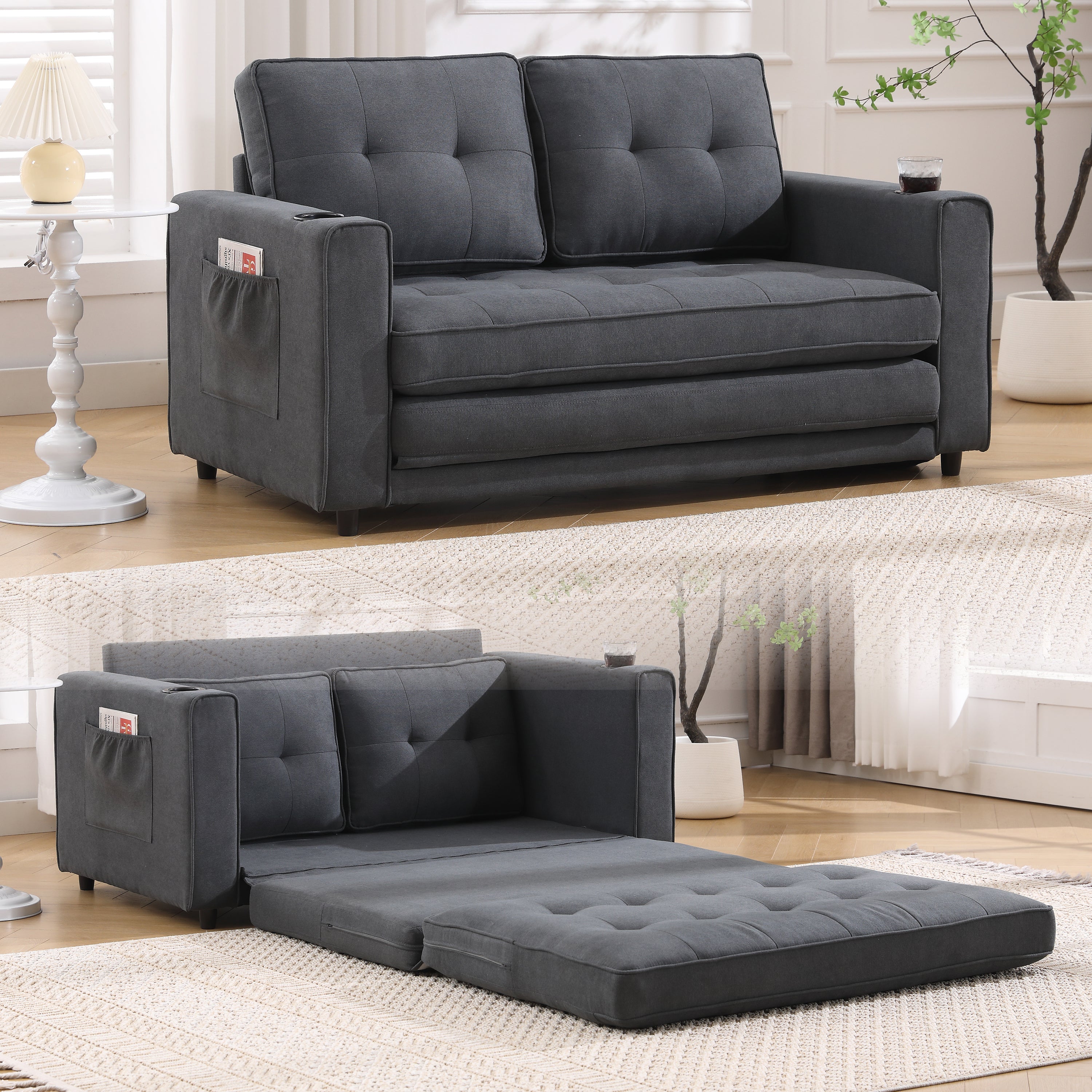 {VIDEO Provided}3-in-1 Upholstered Futon Sofa Convertible Sofa bed,Foldable Tufted Loveseat with Pull Out Sleeper Couch Bed,Folding Mattres Love Seat Daybed W/Side Pockets and Cup Holder, Dark Gray Main image