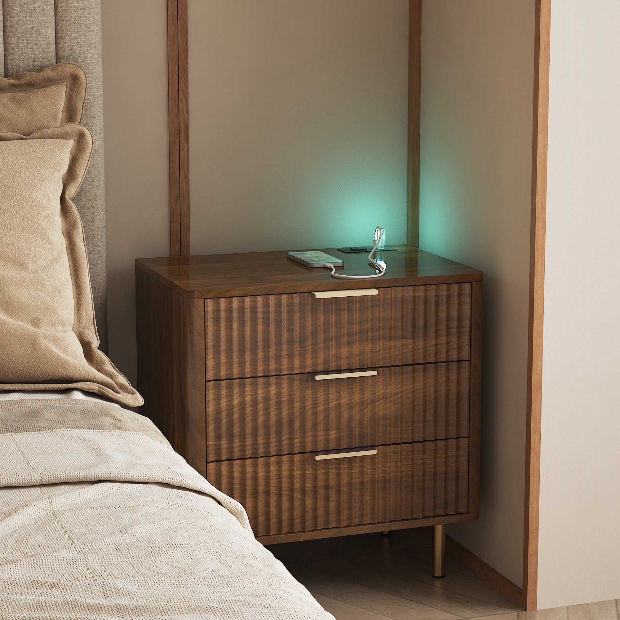 Nightstand with Charging Station, Smart Nightstand with Night Light, Modern Night Stand with Storage Cabinet for Bedroom, Wood Main image