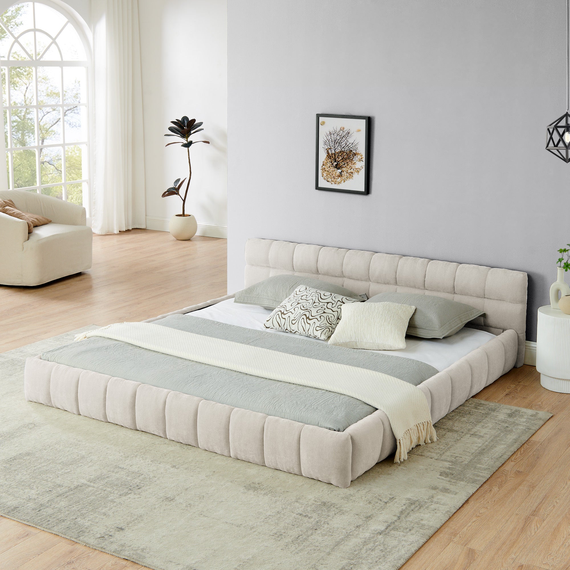 King size  Upholstered Bed Frame with Thick Fabric, Chenille Fabric Grounded King Size Platform Bed with Headboard and Solid Frame. No Box Spring Needed-Beige(88.5''*85.5''*24'') Main image