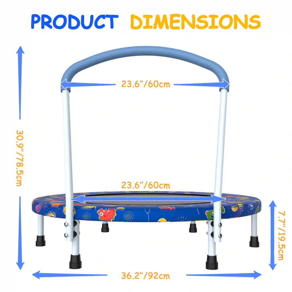 36" Kids Mini Trampoline with Padded Safety Handle and Printed Frame Cover