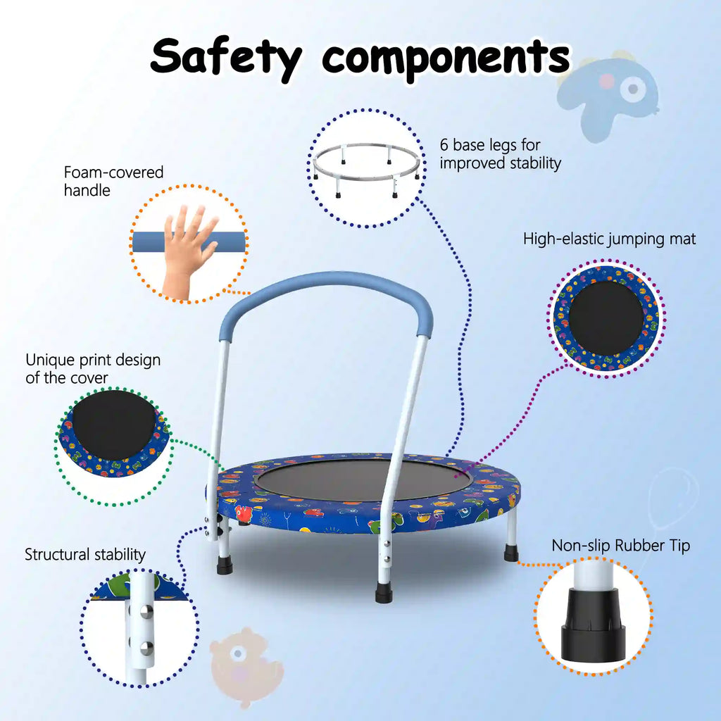 36" Kids Mini Trampoline with Padded Safety Handle and Printed Frame Cover