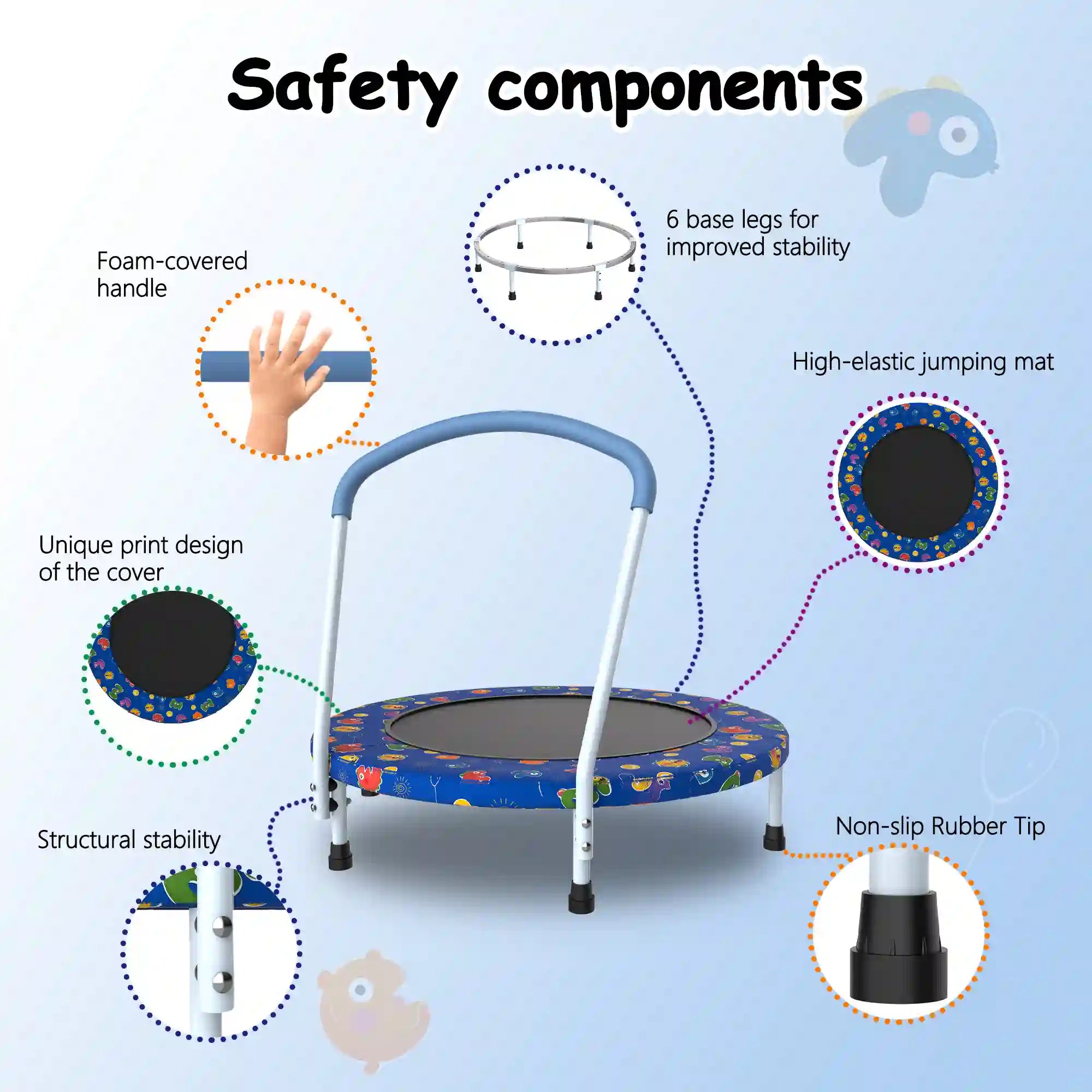36" Kids Mini Trampoline with Padded Safety Handle and Printed Frame Cover