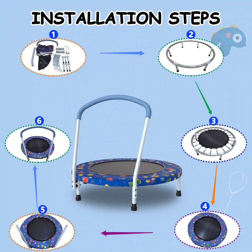36" Kids Mini Trampoline with Padded Safety Handle and Printed Frame Cover