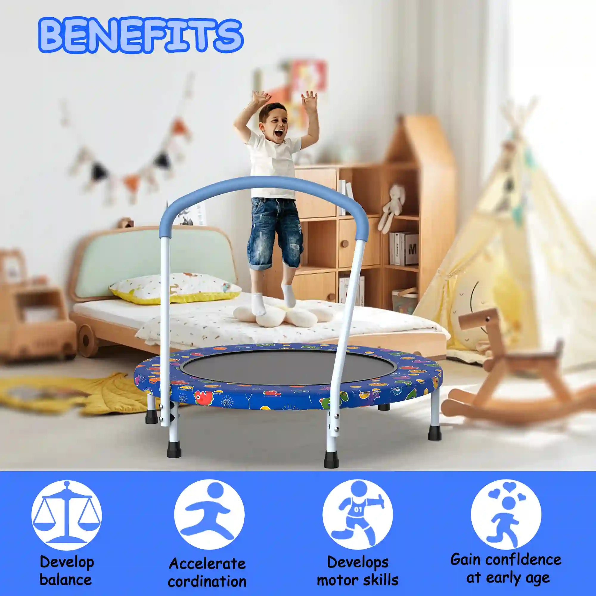 36" Kids Mini Trampoline with Padded Safety Handle and Printed Frame Cover