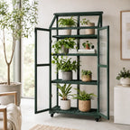 62" Rolling Wooden Greenhouse with Adjustable Shelves and Openable Roof