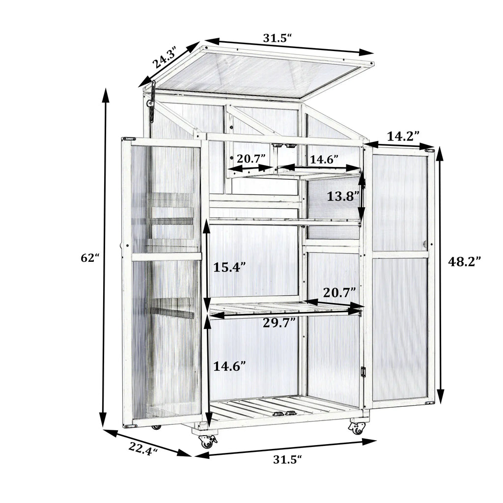 62" Rolling Wooden Greenhouse with Adjustable Shelves and Openable Roof
