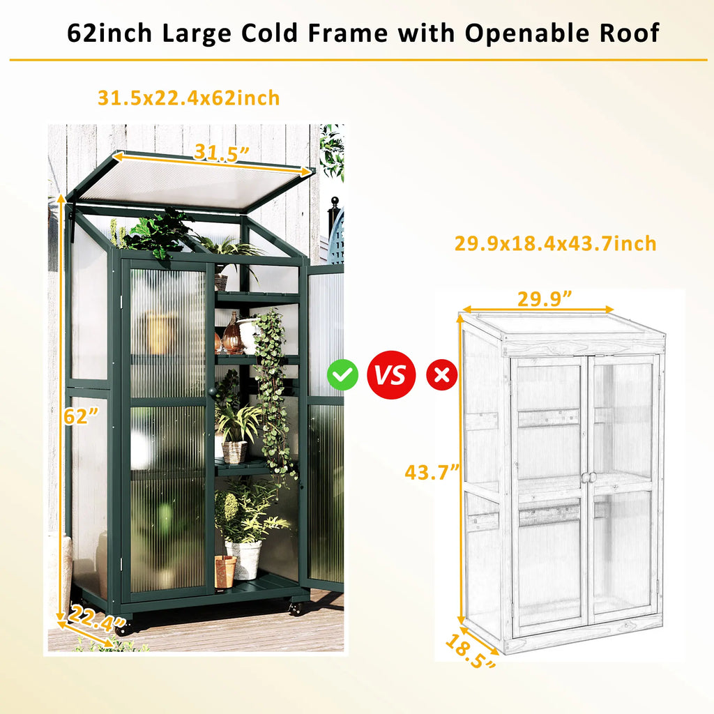 62" Rolling Wooden Greenhouse with Adjustable Shelves and Openable Roof