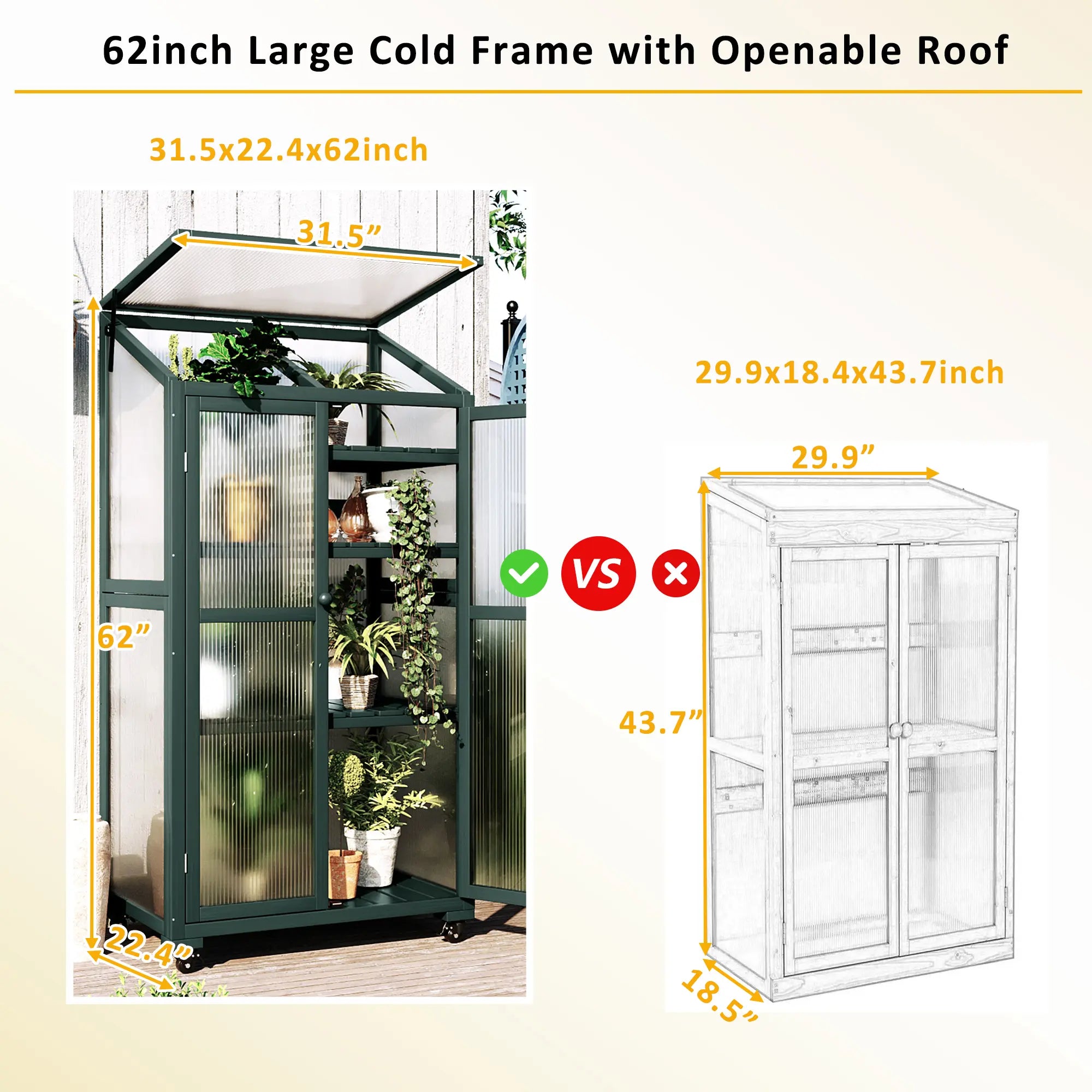 62" Rolling Wooden Greenhouse with Adjustable Shelves and Openable Roof