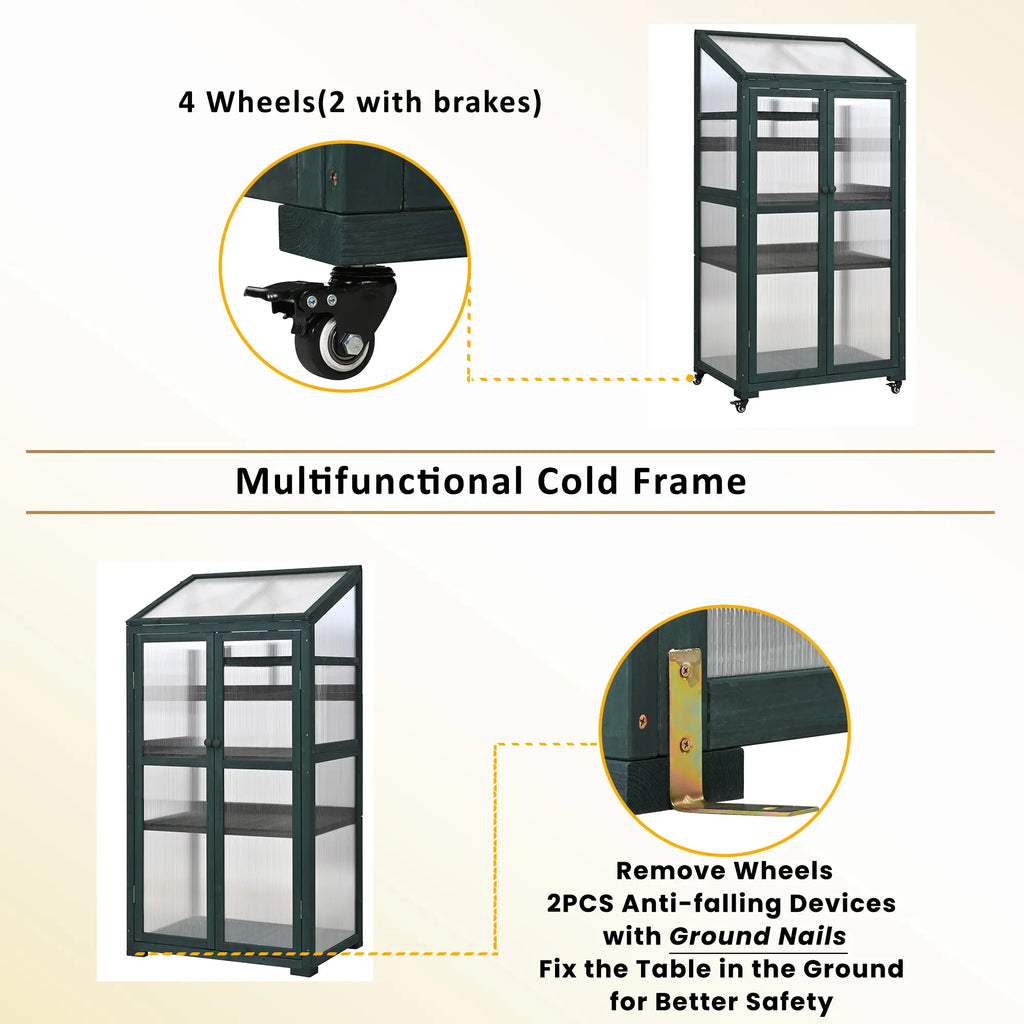 62" Rolling Wooden Greenhouse with Adjustable Shelves and Openable Roof