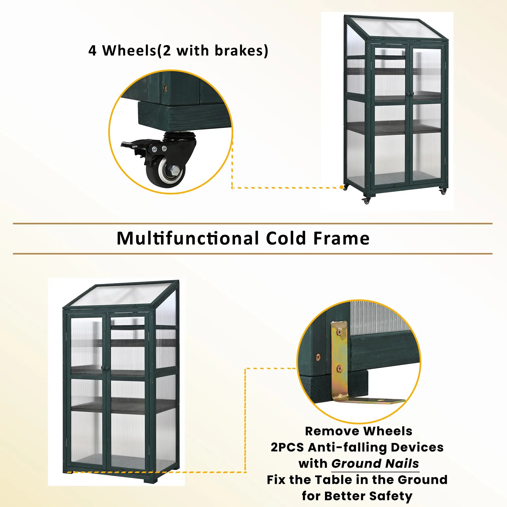62" Rolling Wooden Greenhouse with Adjustable Shelves and Openable Roof