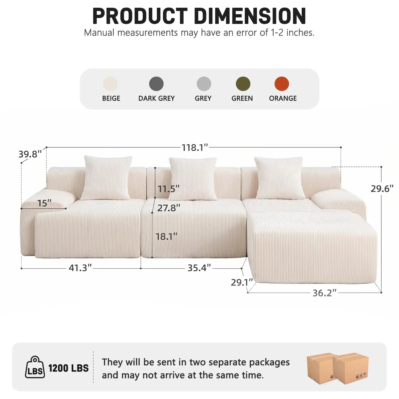 118.1" Corduroy Modular Sectional Sofa with Ottoman