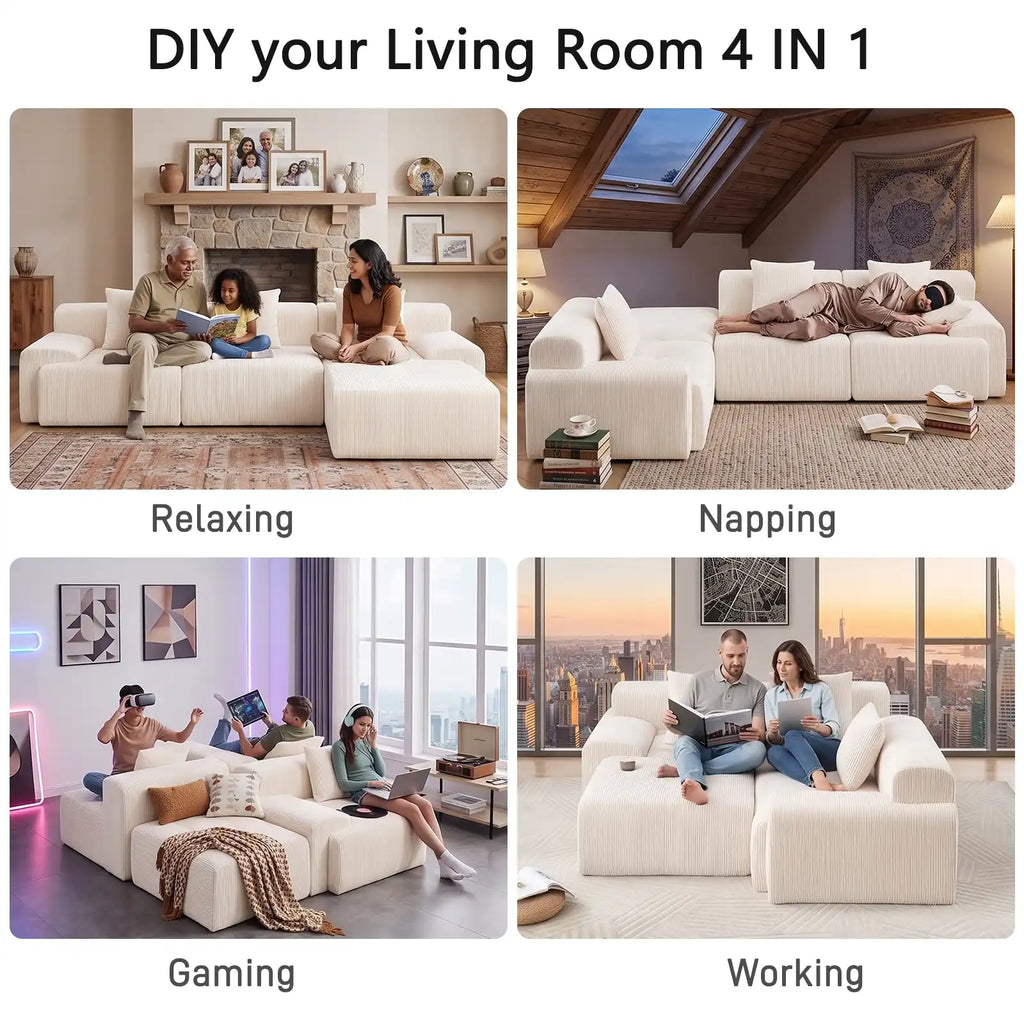 118.1" Corduroy Modular Sectional Sofa with Ottoman