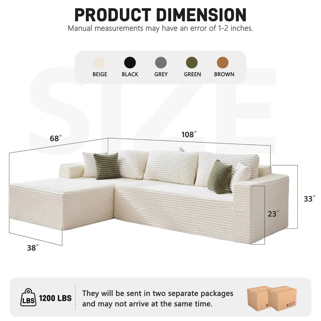 108-Inch Corduroy Boneless L-Shaped Sectional Sofa with Oversized Chaise