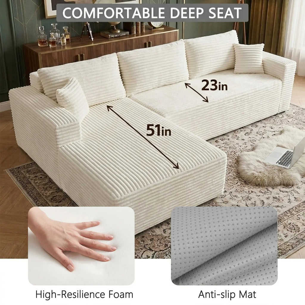 108-Inch Corduroy Boneless L-Shaped Sectional Sofa with Oversized Chaise