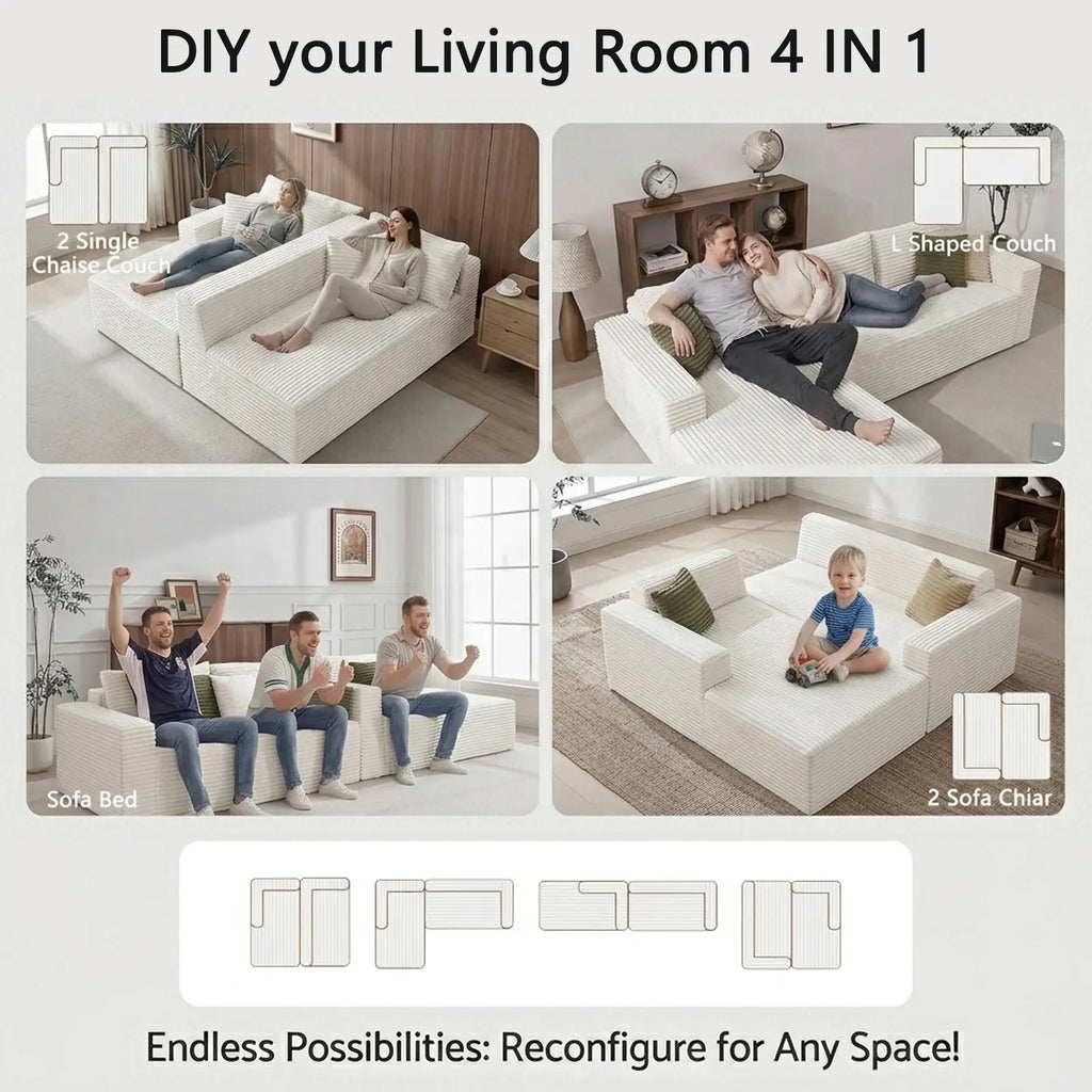 108-Inch Corduroy Boneless L-Shaped Sectional Sofa with Oversized Chaise