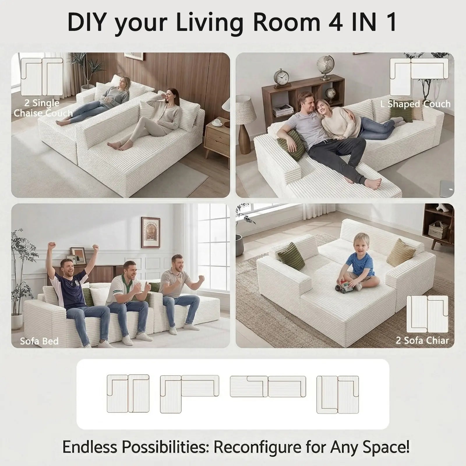 108-Inch Corduroy Boneless L-Shaped Sectional Sofa with Oversized Chaise